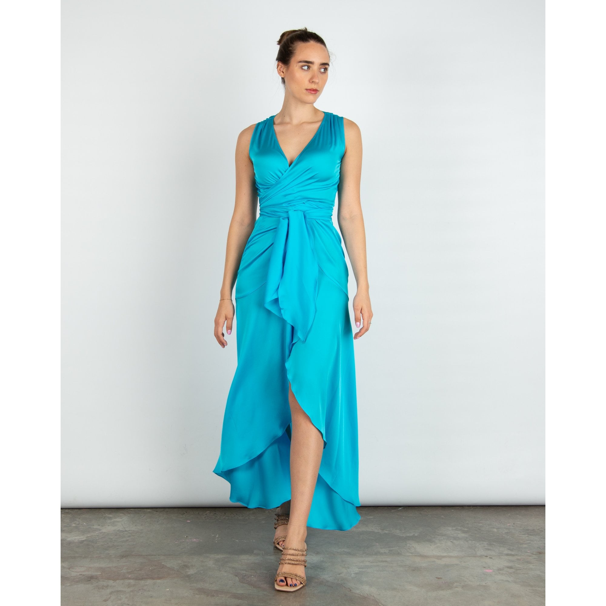 Silk95 Shangri La Sleeveless Tie Waist Long Silk Dress Fountain Blue