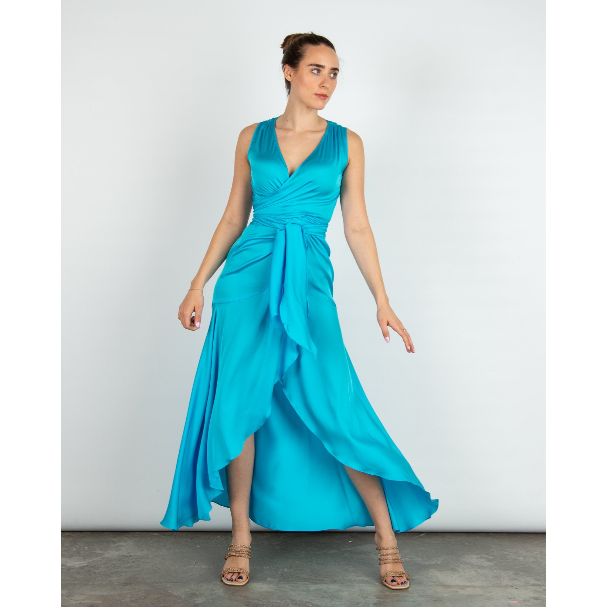 Silk95 Shangri La Sleeveless Tie Waist Long Silk Dress Fountain Blue