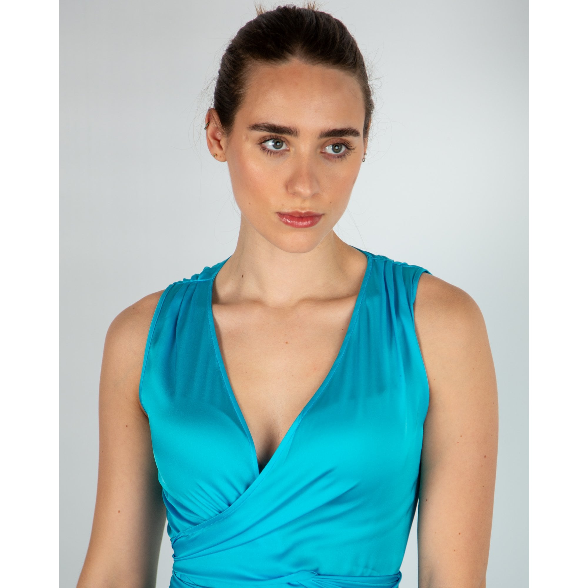 Silk95 Shangri La Sleeveless Tie Waist Long Silk Dress Fountain Blue