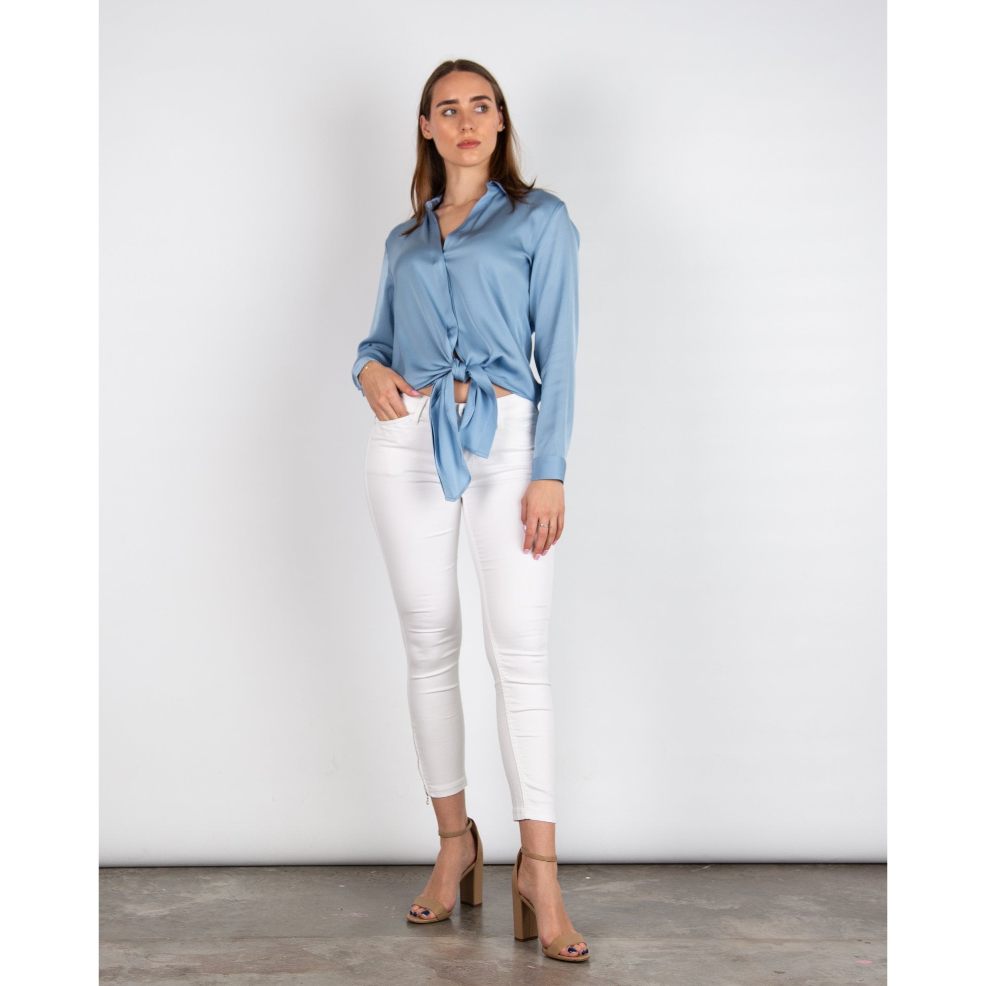 Silk95 Thai Silk Shirt Blouse With Tie Hem Aero Blue