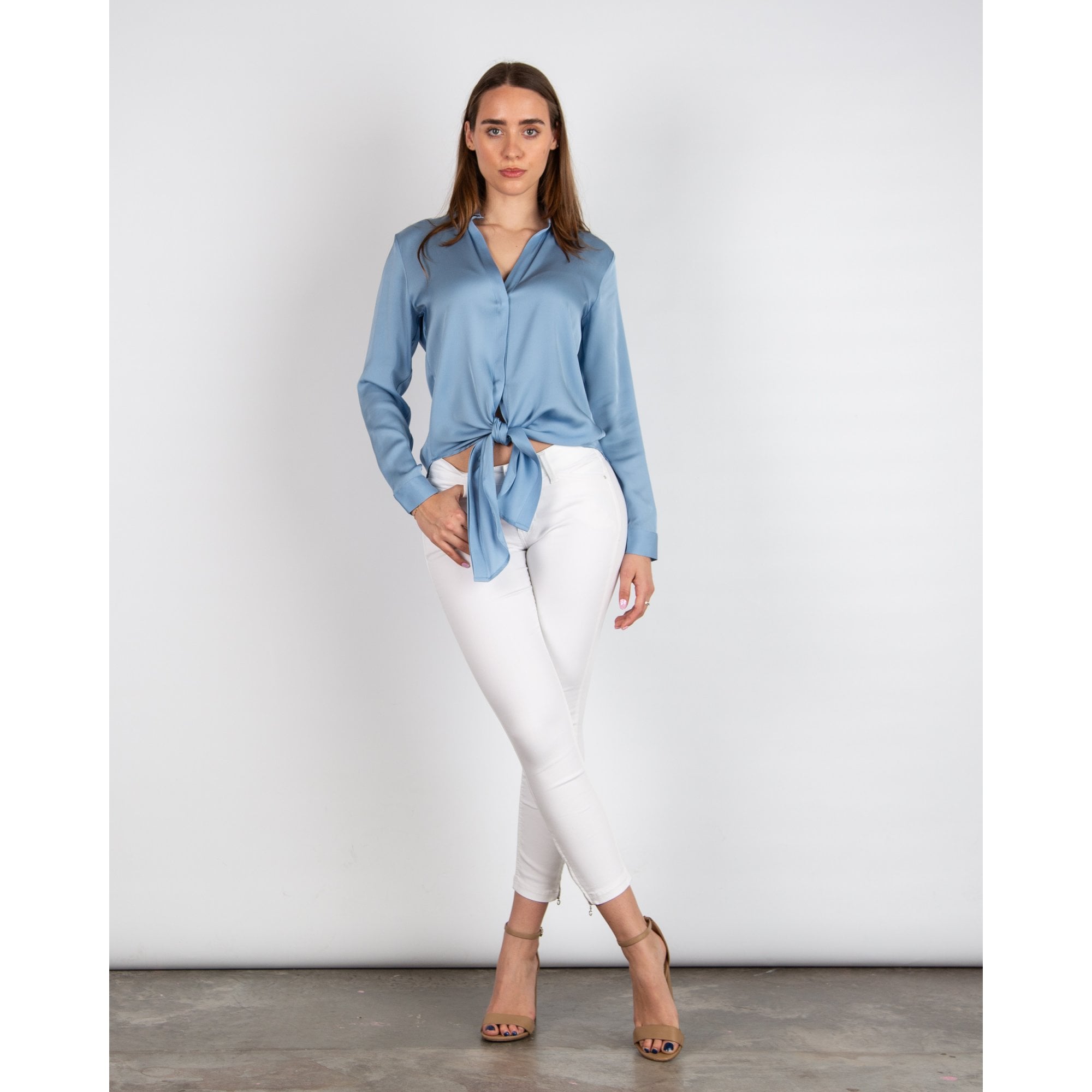 Silk95 Thai Silk Shirt Blouse With Tie Hem Aero Blue