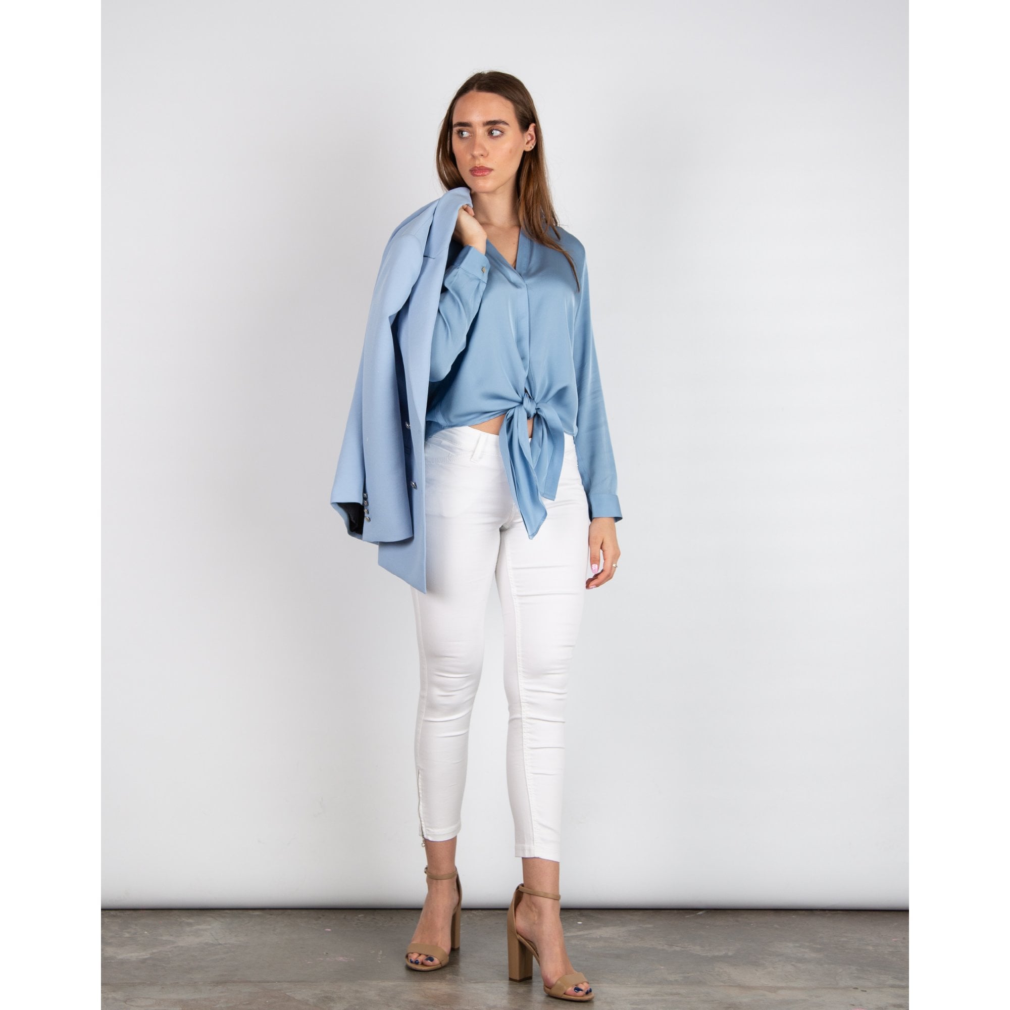 Silk95 Thai Silk Shirt Blouse With Tie Hem Aero Blue