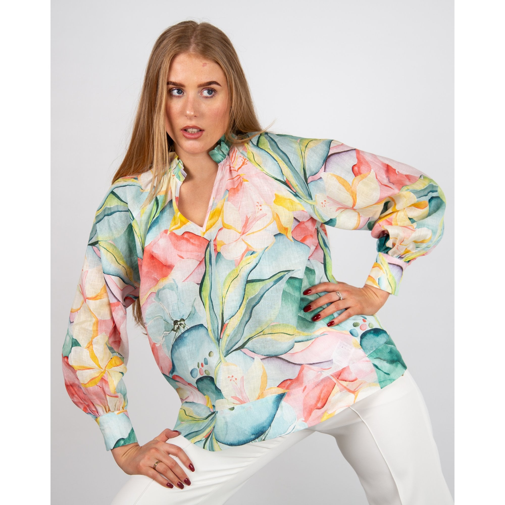 Dea Kudibal Ainadea NS Watercolour Lily Print Ruffle Neck Linen Blouse Desert