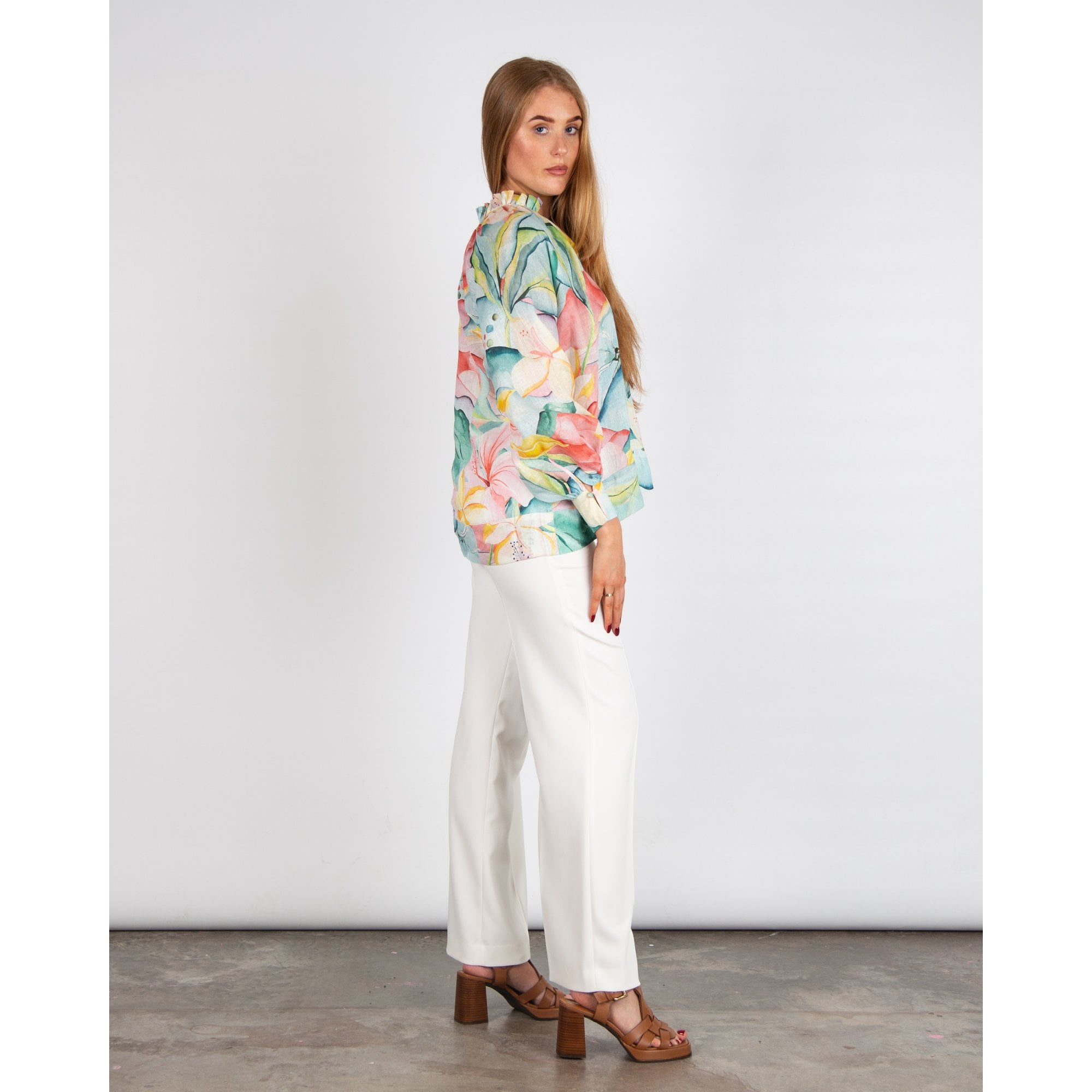 Dea Kudibal Ainadea NS Watercolour Lily Print Ruffle Neck Linen Blouse Desert