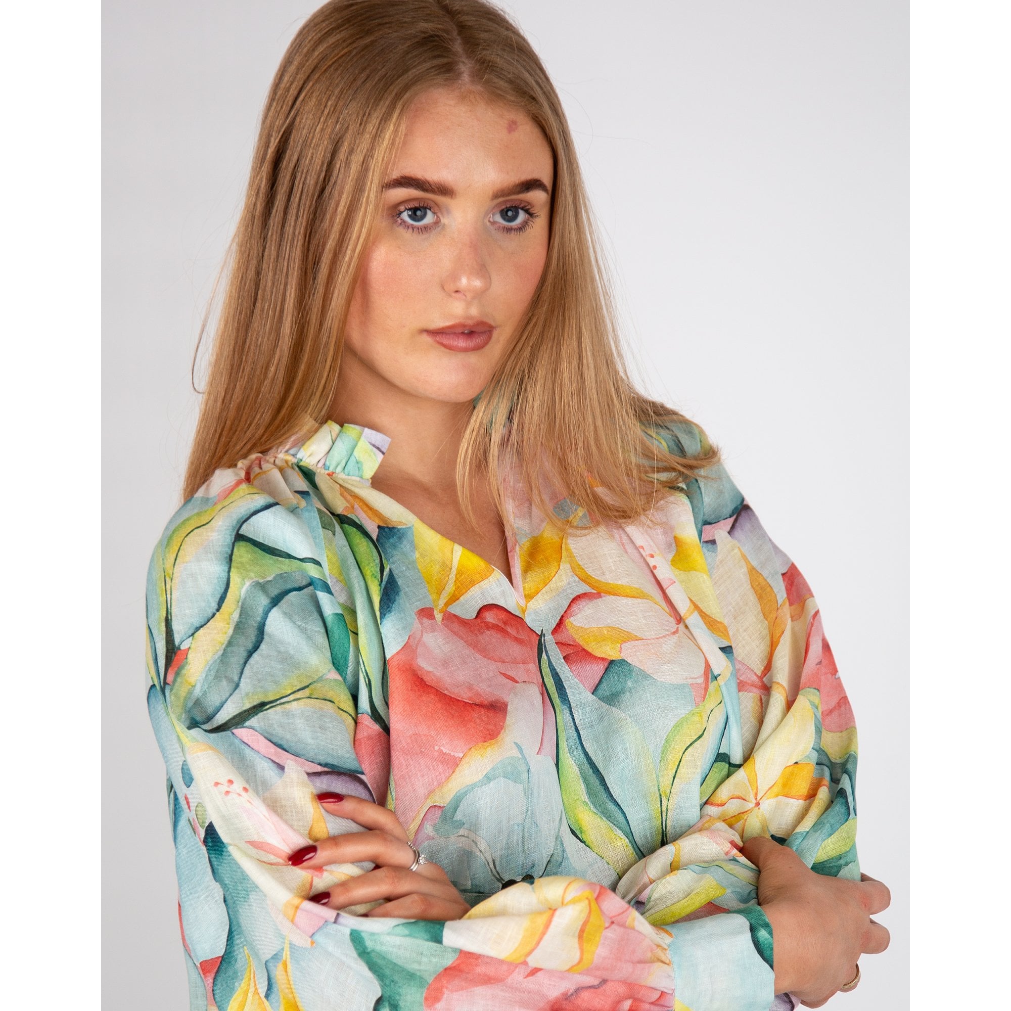 Dea Kudibal Ainadea NS Watercolour Lily Print Ruffle Neck Linen Blouse Desert