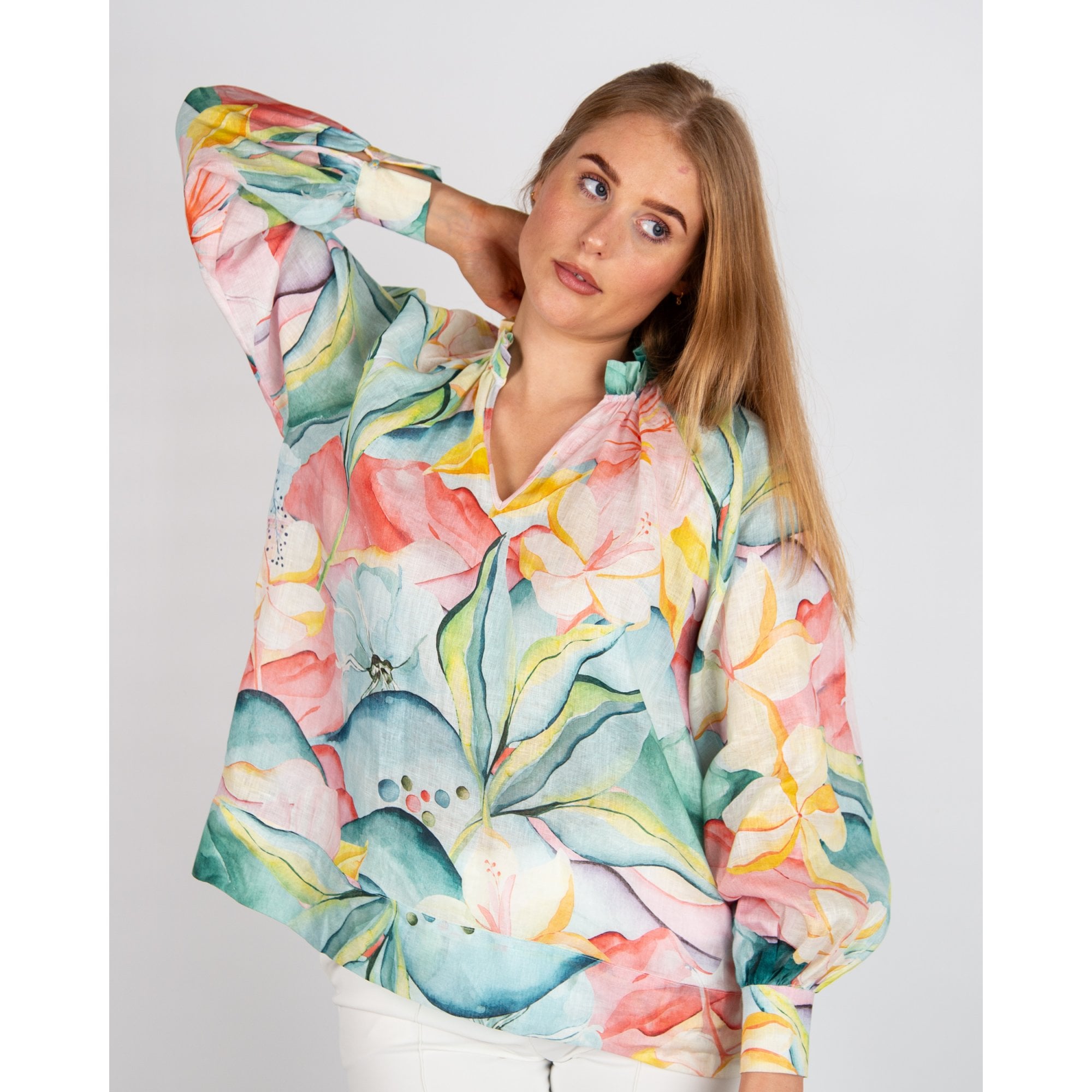 Dea Kudibal Ainadea NS Watercolour Lily Print Ruffle Neck Linen Blouse Desert