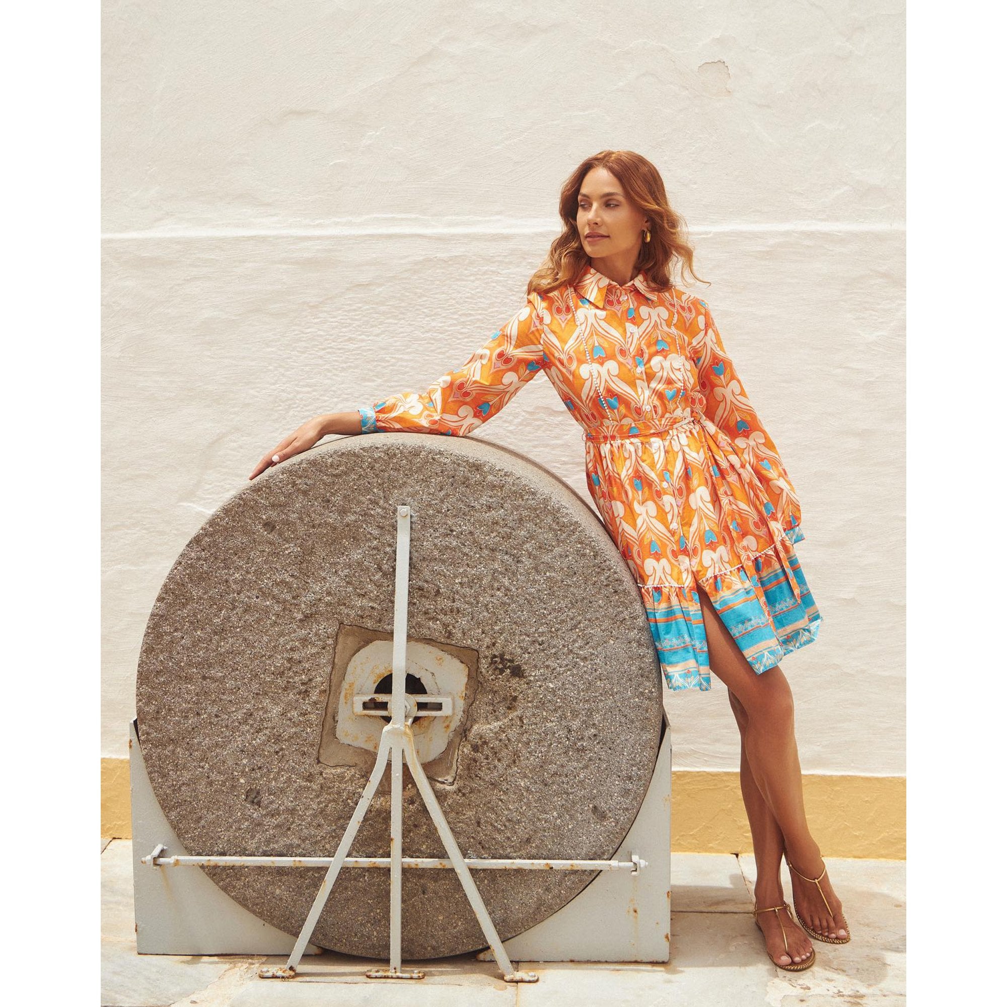 Kasia Patterned Belted Shirt Dress Orange/Blue