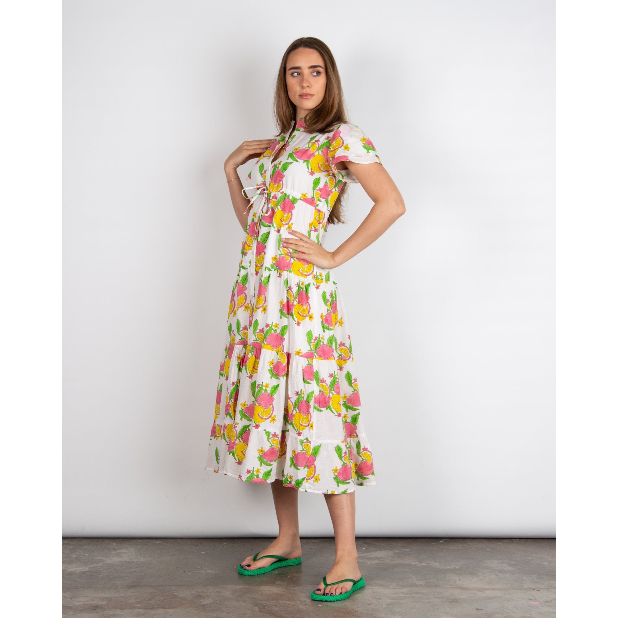 Victoria Dunn Magnolia Flutter Lemon Print Tie Waist Tiered Cotton Dress White/pink/green