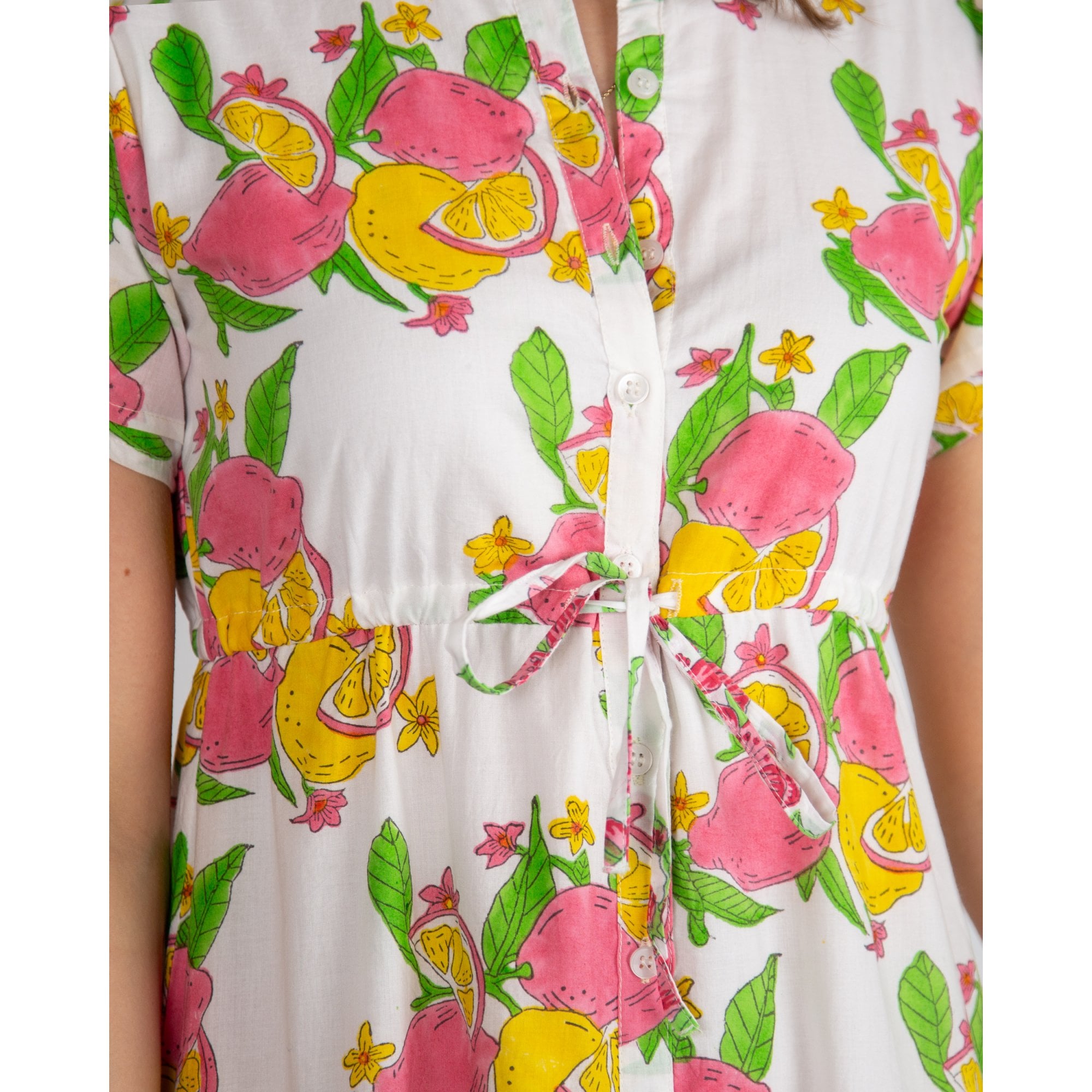 Victoria Dunn Magnolia Flutter Lemon Print Tie Waist Tiered Cotton Dress White/pink/green