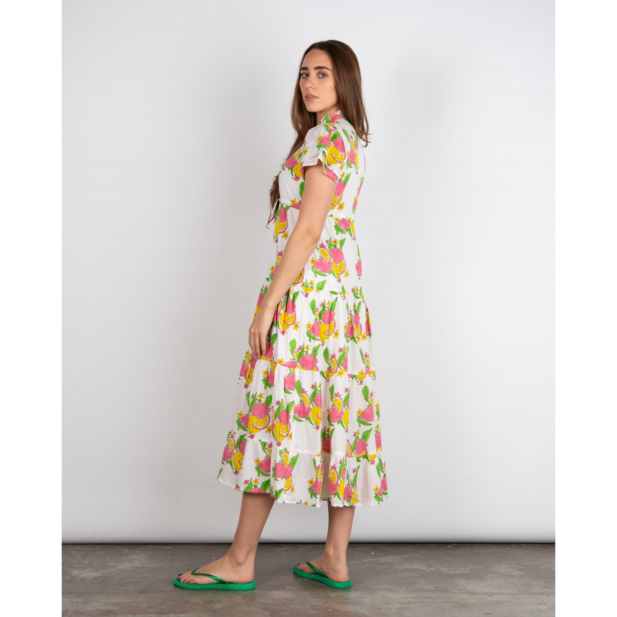 Victoria Dunn Magnolia Flutter Lemon Print Tie Waist Tiered Cotton Dress White/pink/green