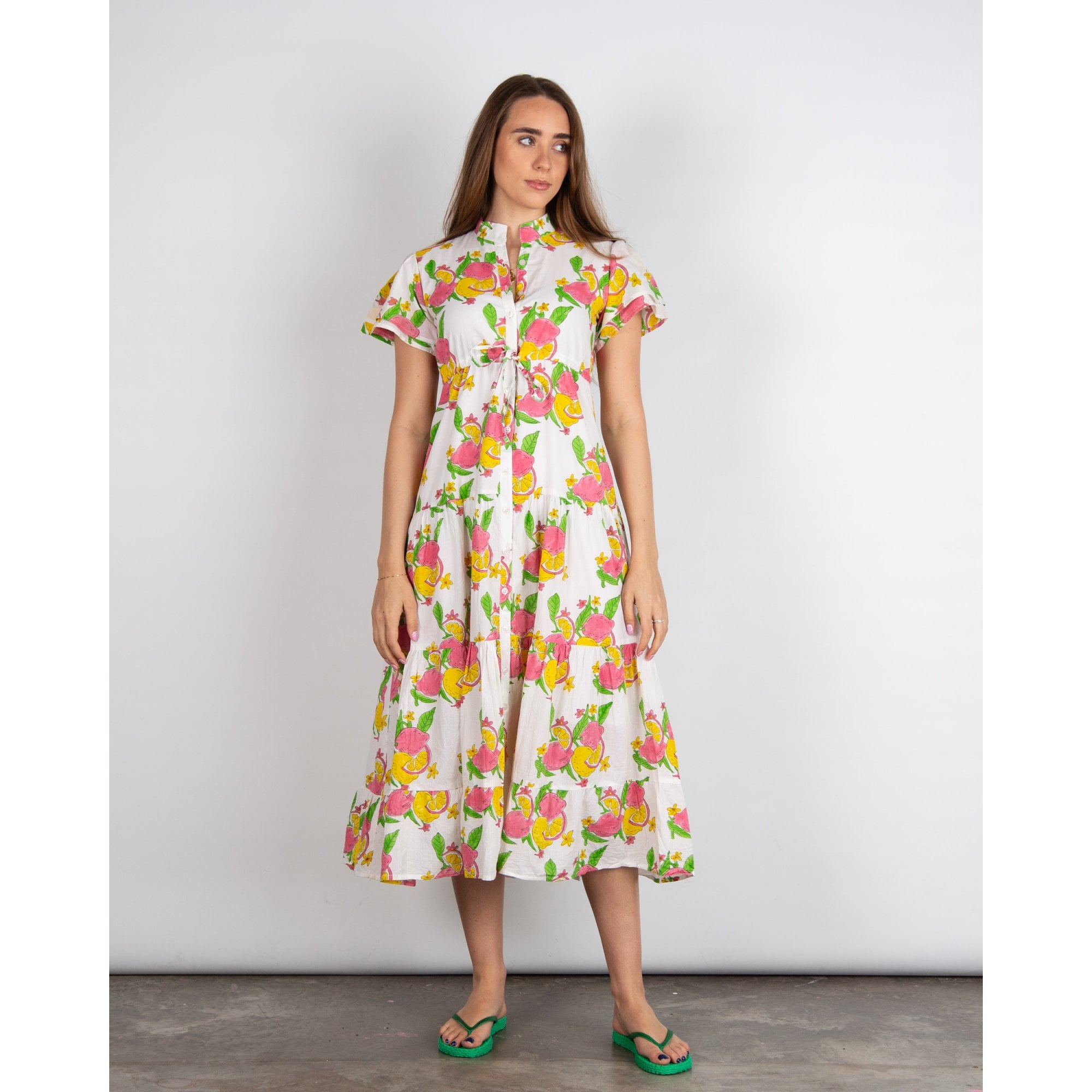 Victoria Dunn Magnolia Flutter Lemon Print Tie Waist Tiered Cotton Dress White/pink/green