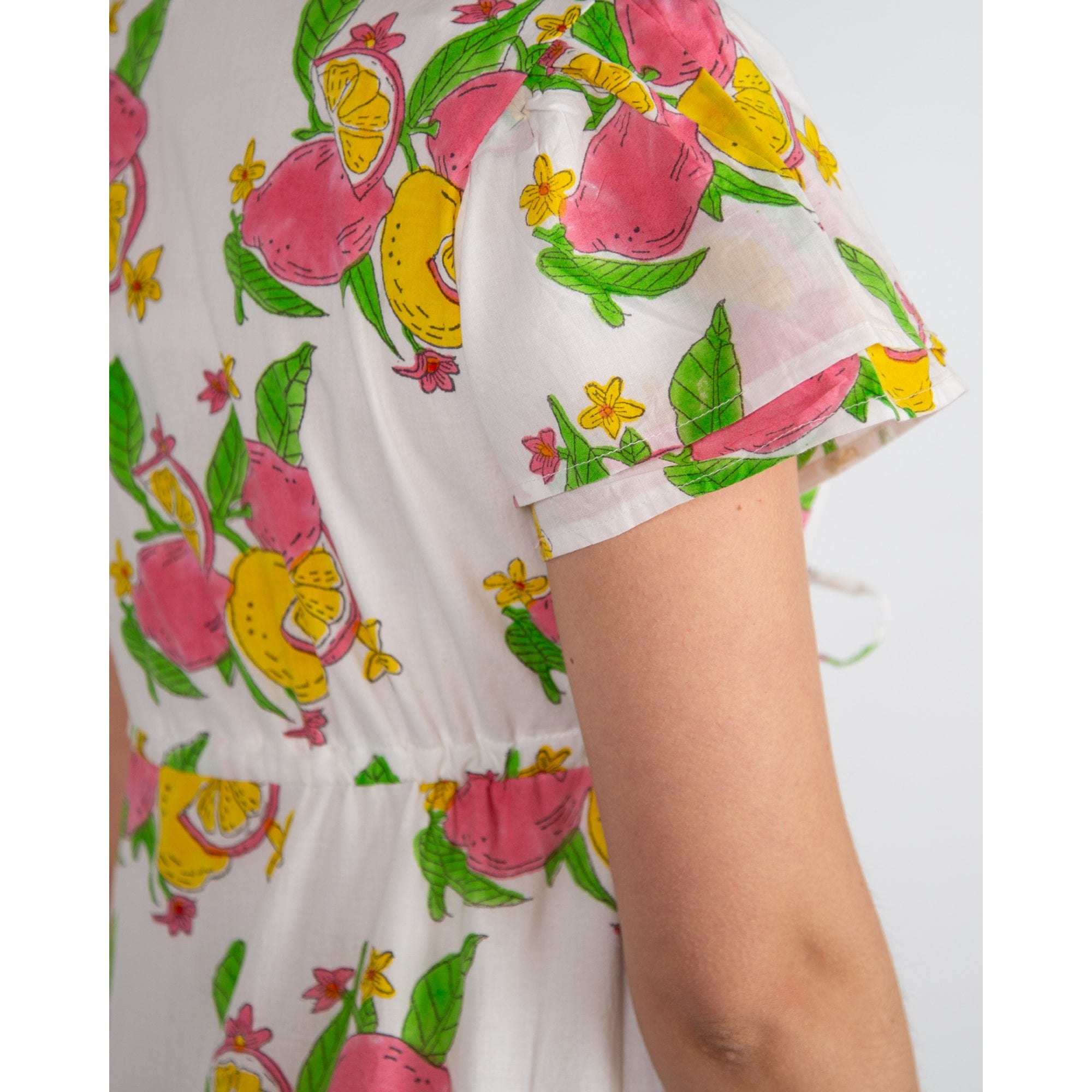 Victoria Dunn Magnolia Flutter Lemon Print Tie Waist Tiered Cotton Dress White/pink/green