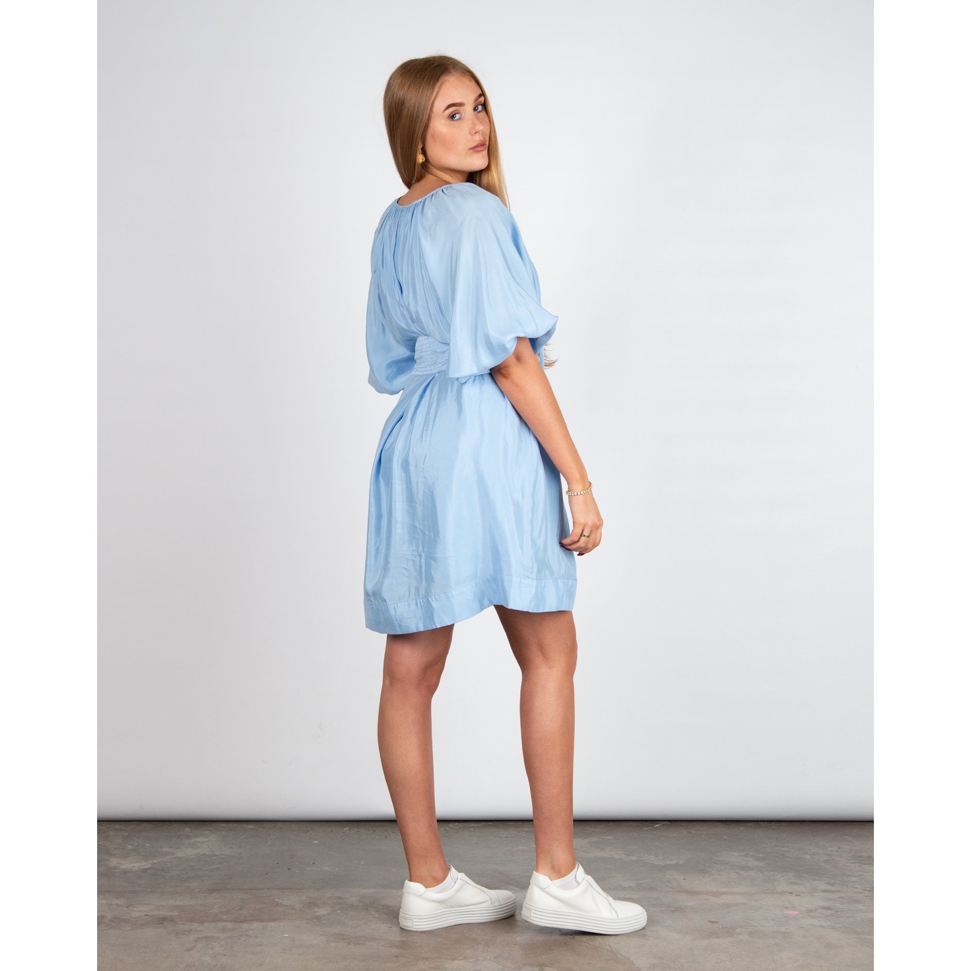 Pranella Arena Cupro Tie Neck Belted Summer Dress Cornflower