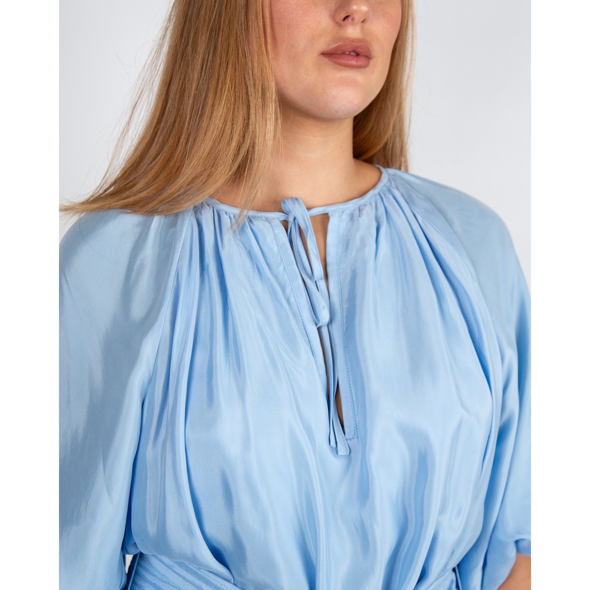 Pranella Arena Cupro Tie Neck Belted Summer Dress Cornflower