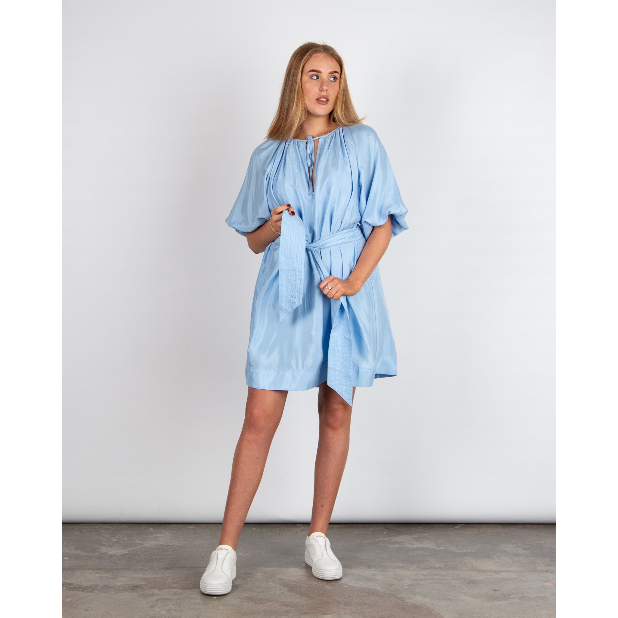 Pranella Arena Cupro Tie Neck Belted Summer Dress Cornflower