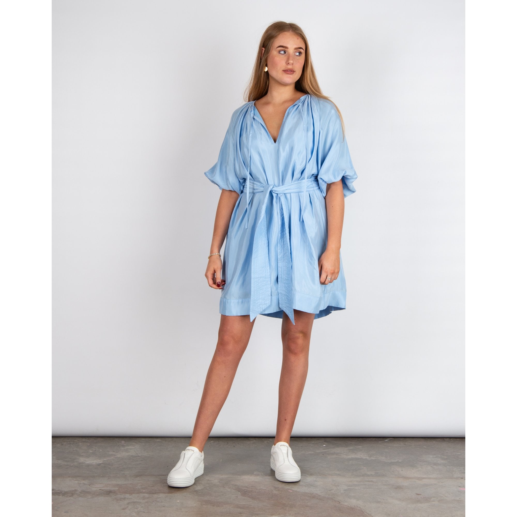 Pranella Arena Cupro Tie Neck Belted Summer Dress Cornflower