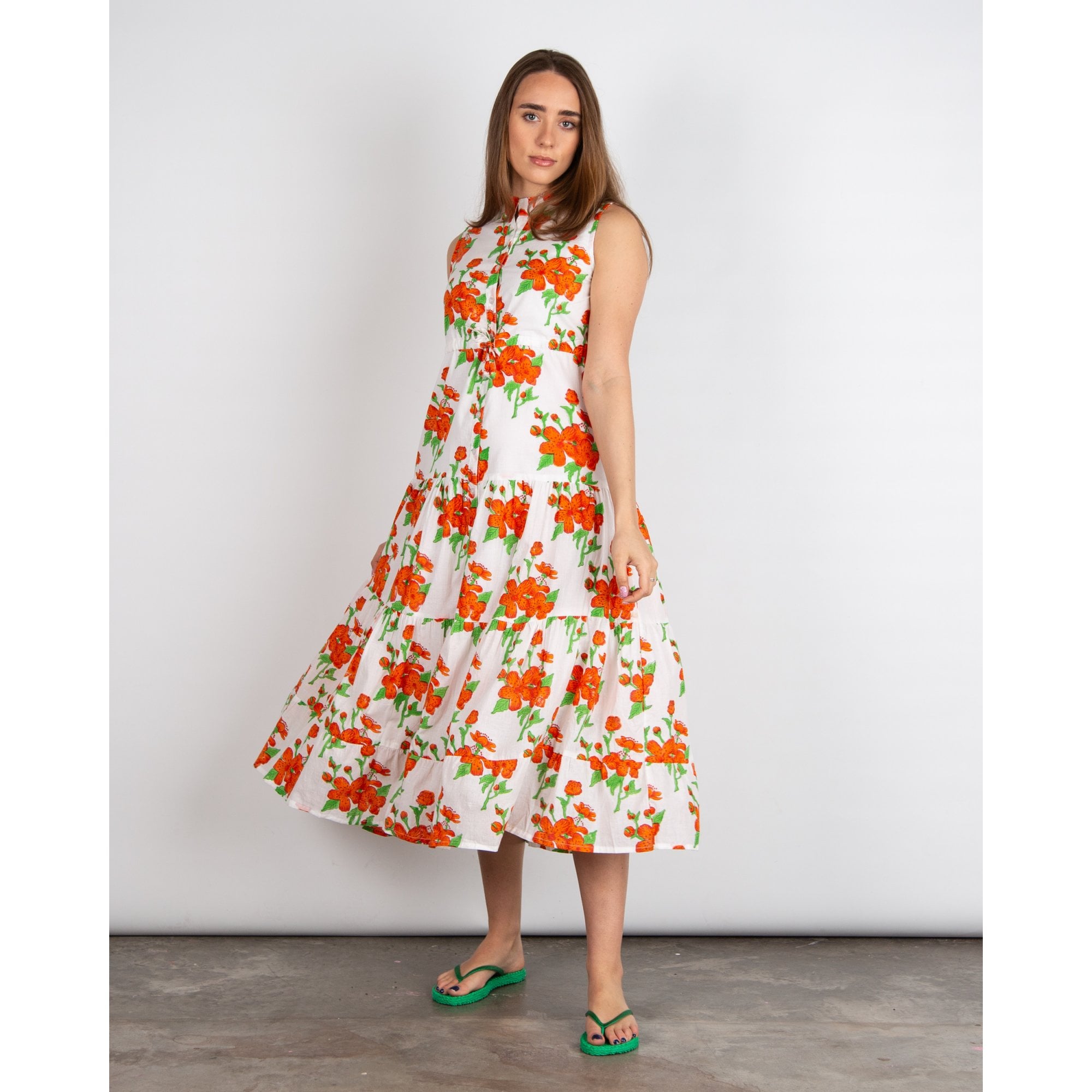 Victoria Dunn Magnolia Flutter SL Sleeveless Tie Waist Floral Tiered Cotton Dress White/orange