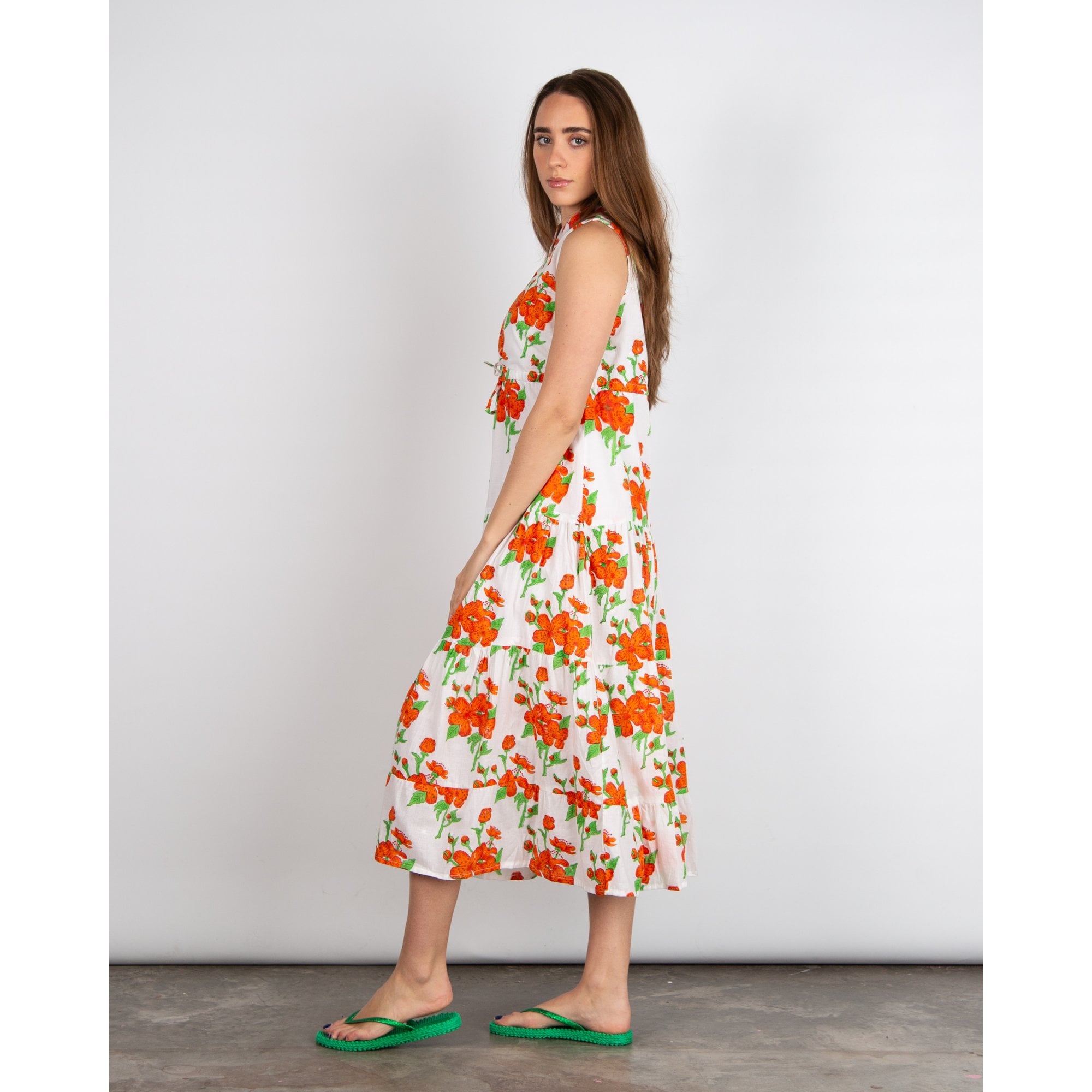 Victoria Dunn Magnolia Flutter SL Sleeveless Tie Waist Floral Tiered Cotton Dress White/orange
