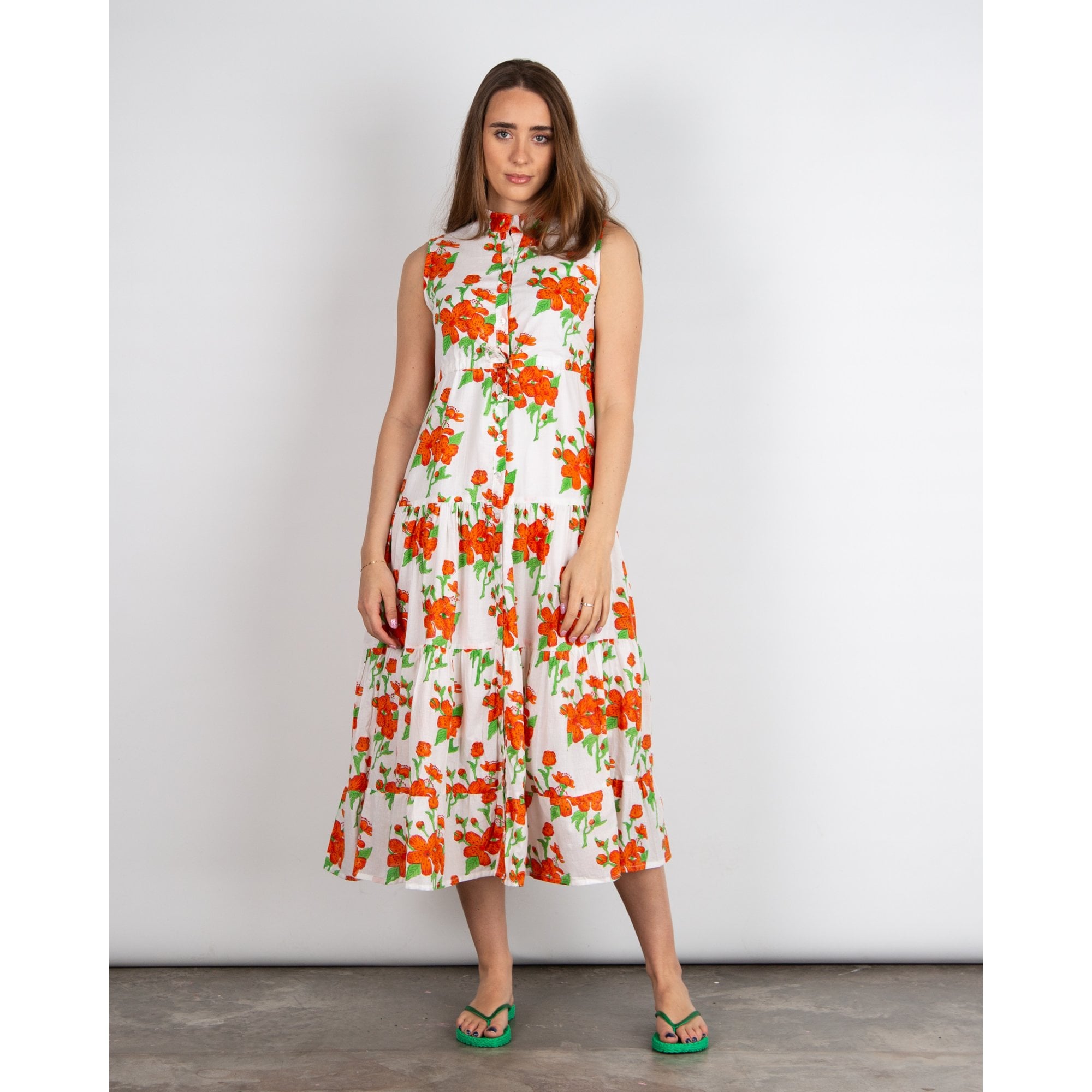 Victoria Dunn Magnolia Flutter SL Sleeveless Tie Waist Floral Tiered Cotton Dress White/orange