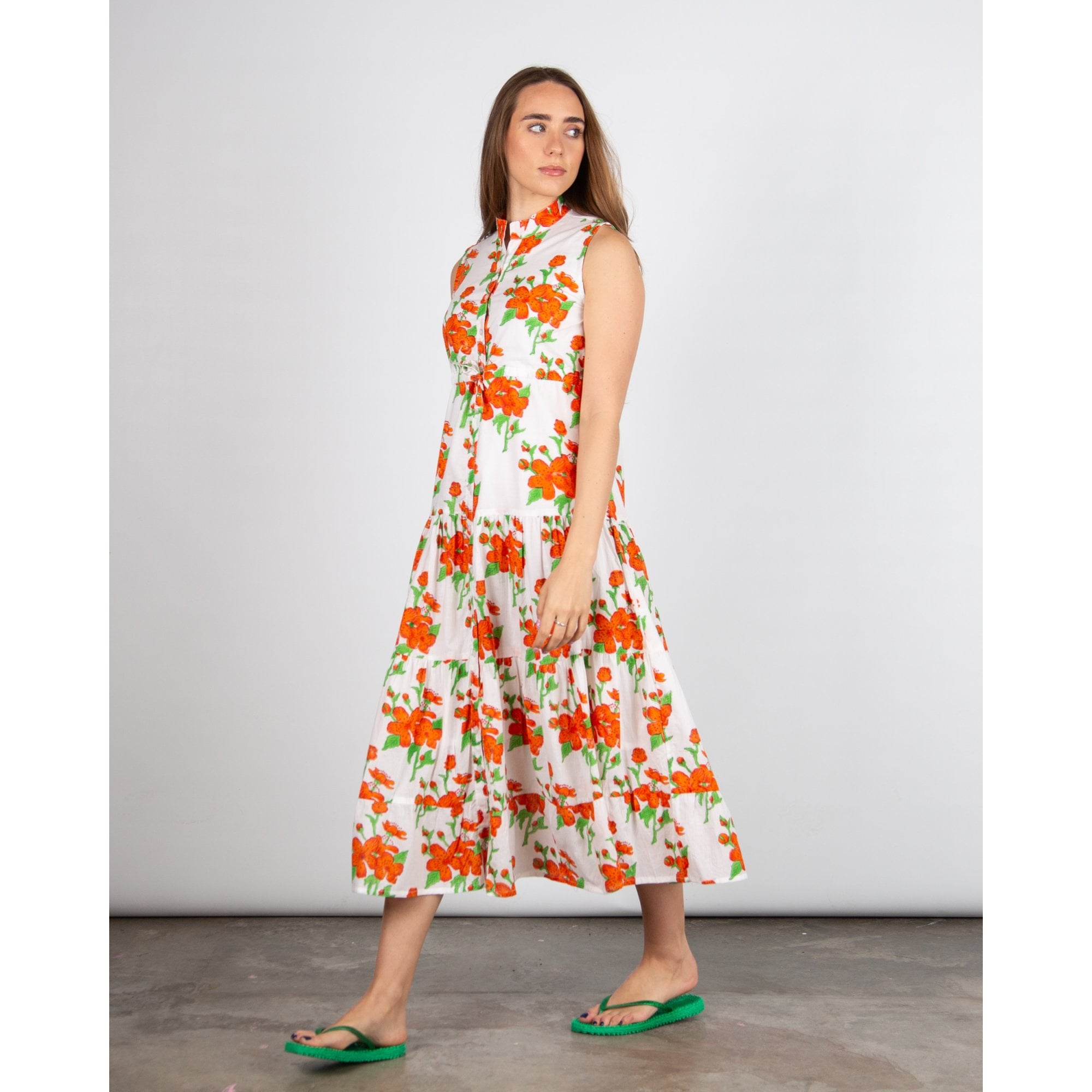Victoria Dunn Magnolia Flutter SL Sleeveless Tie Waist Floral Tiered Cotton Dress White/orange