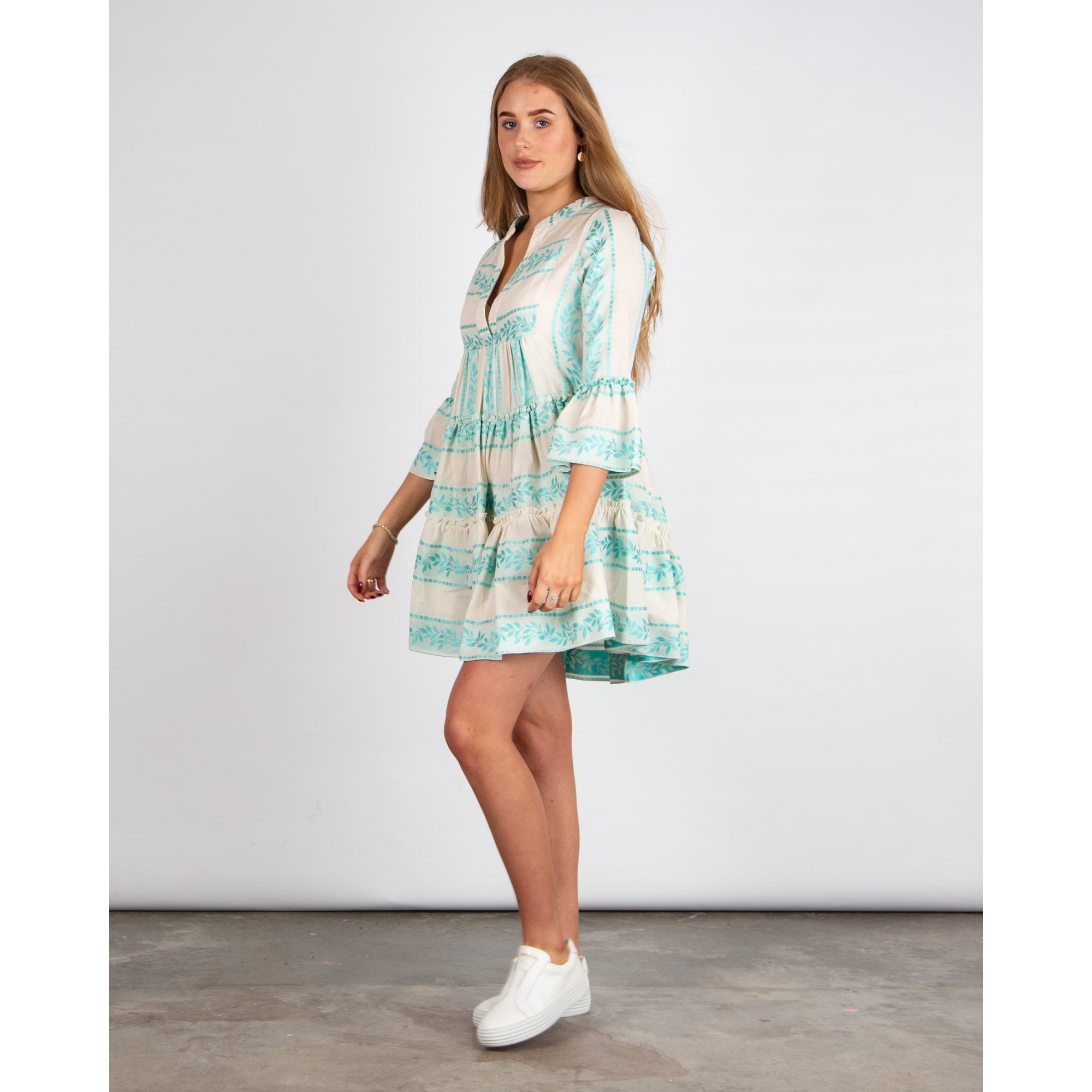 Kasia Tiered Ruffle Split Neck Boho Holiday Dress Turquoise/Ecru