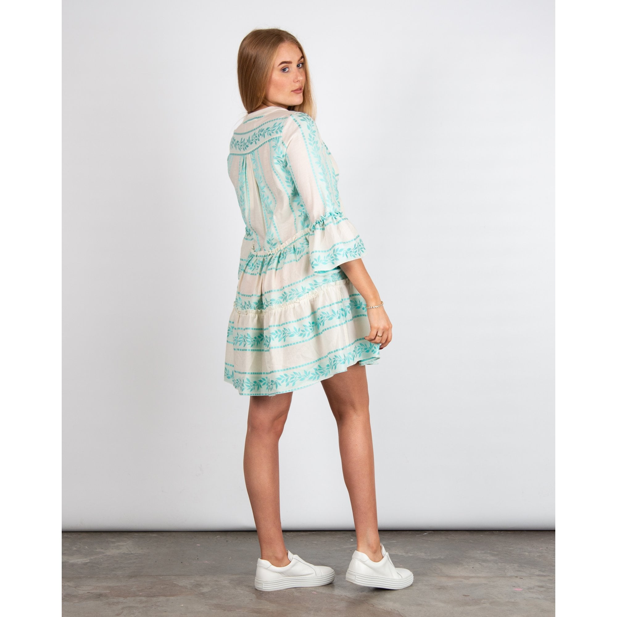 Kasia Tiered Ruffle Split Neck Boho Holiday Dress Turquoise/Ecru