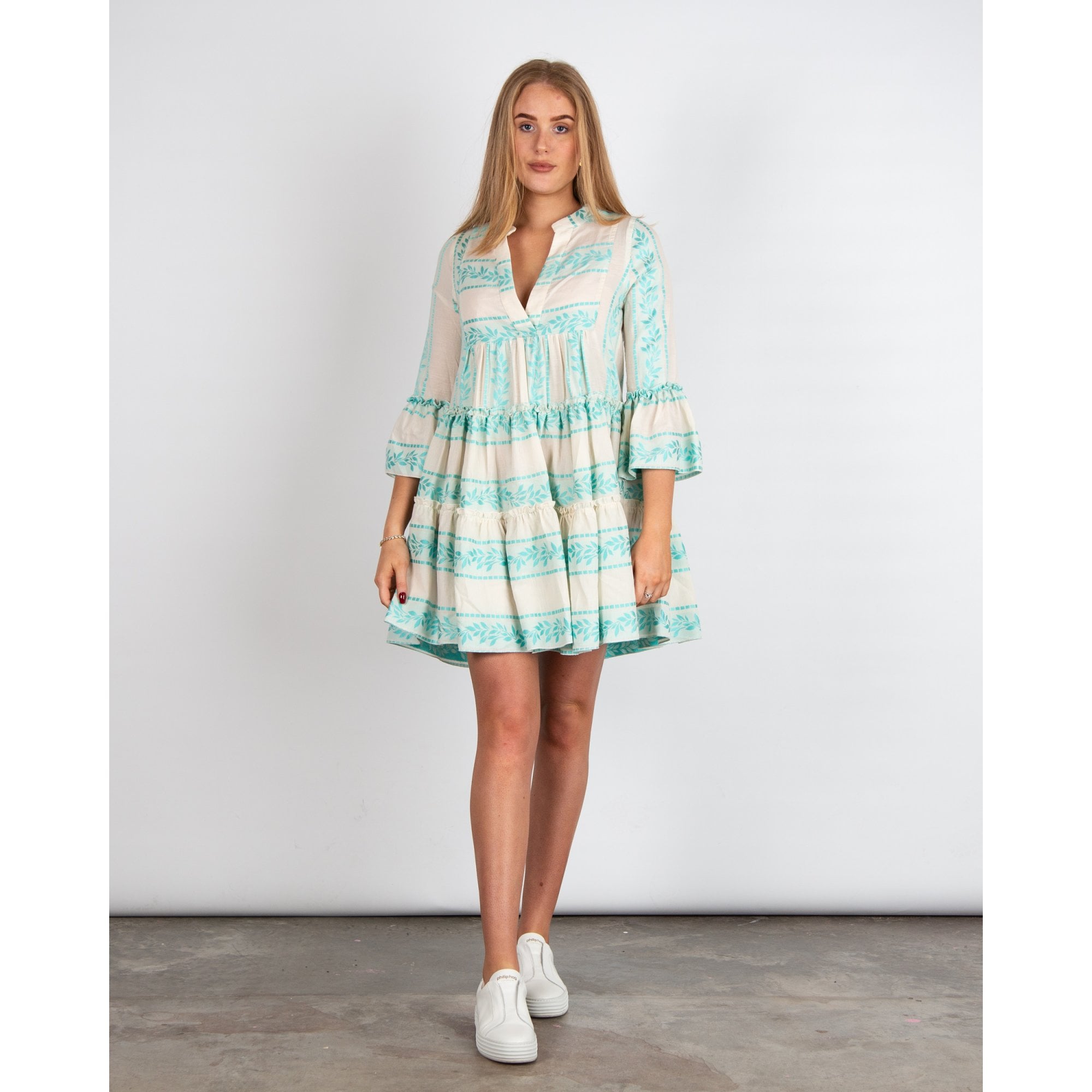 Kasia Tiered Ruffle Split Neck Boho Holiday Dress Turquoise/Ecru