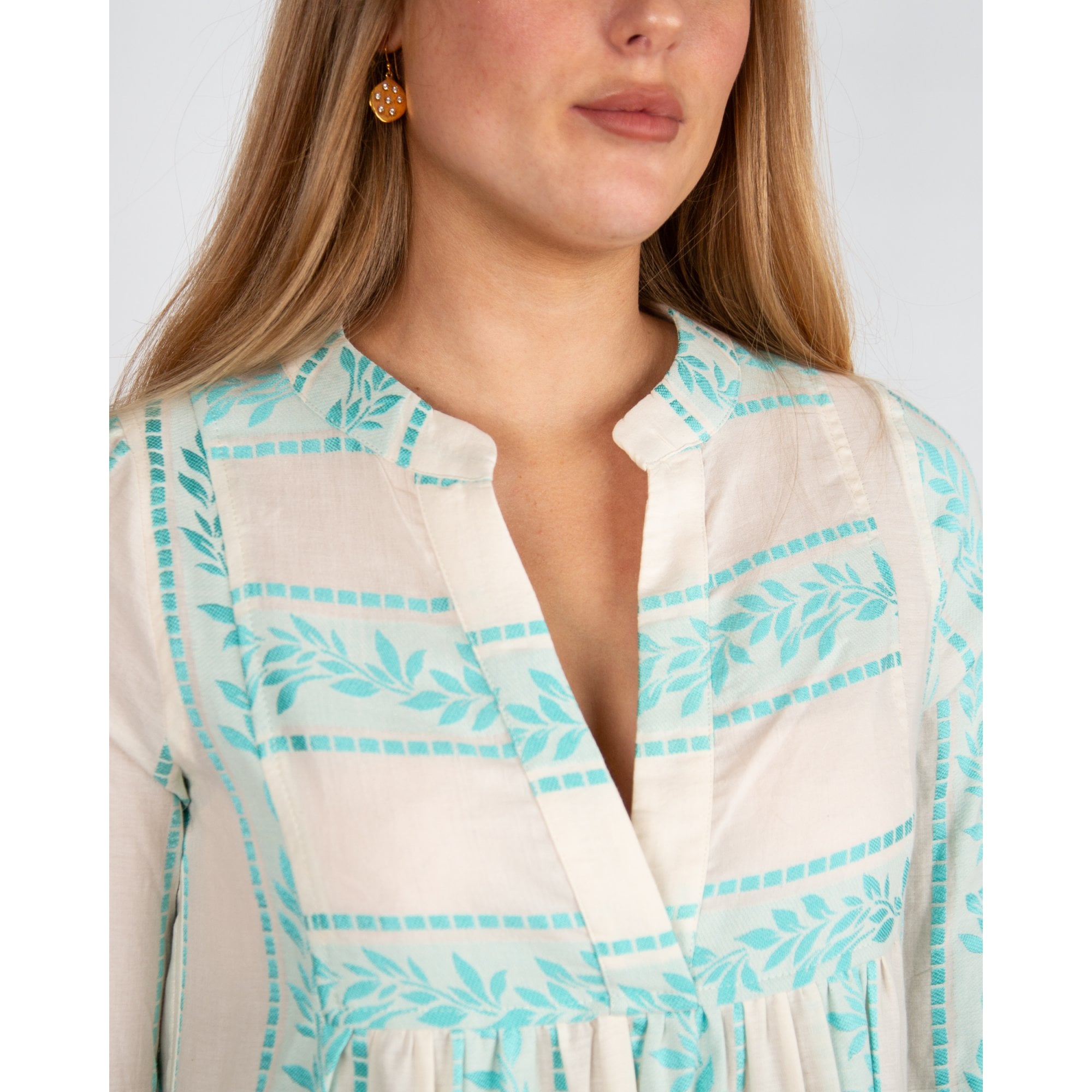 Kasia Tiered Ruffle Split Neck Boho Holiday Dress Turquoise/Ecru