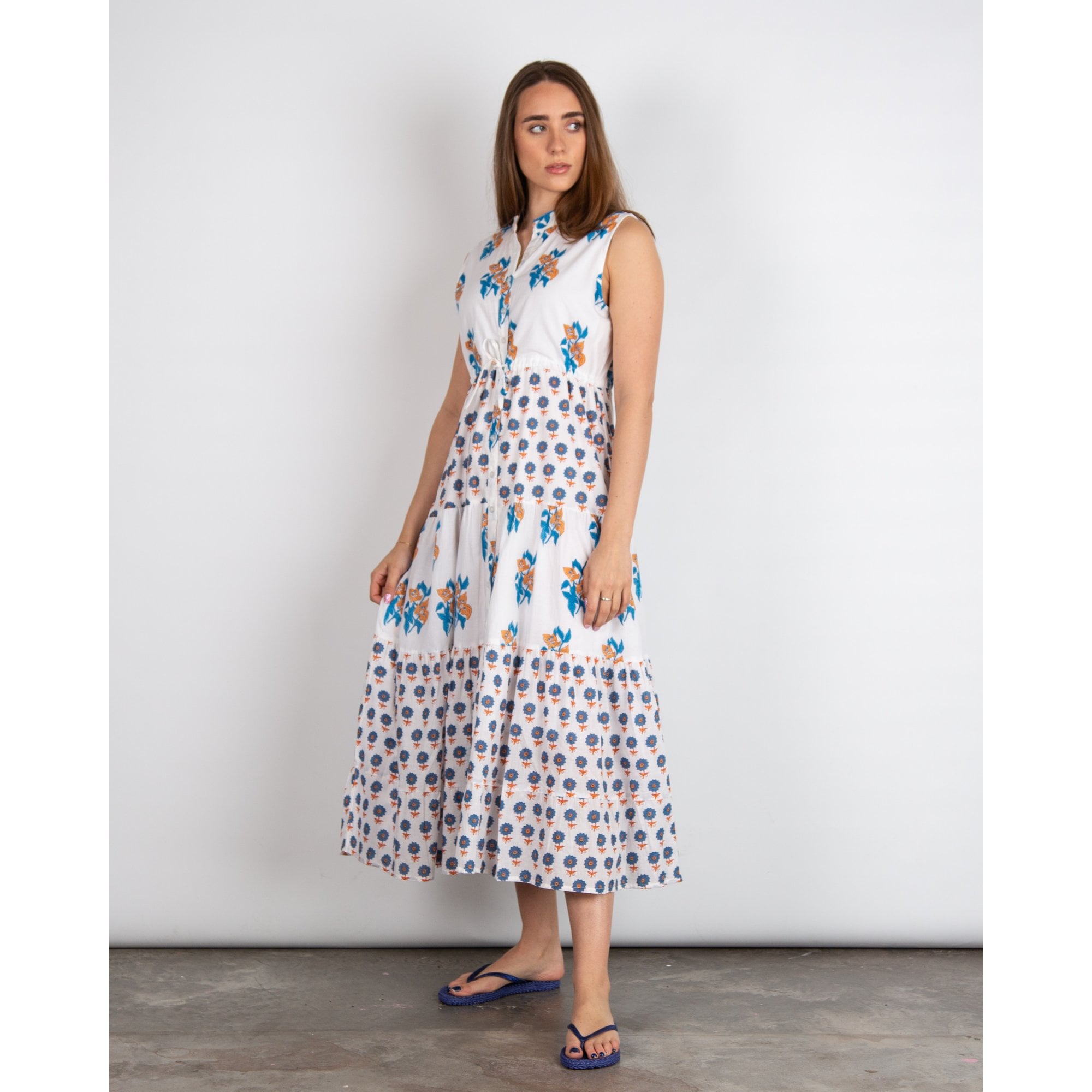Victoria Dunn MagnolIa Flutter SL Floral Sleeveless Tie Waist Tiered Cotton Dress White/blue/orange