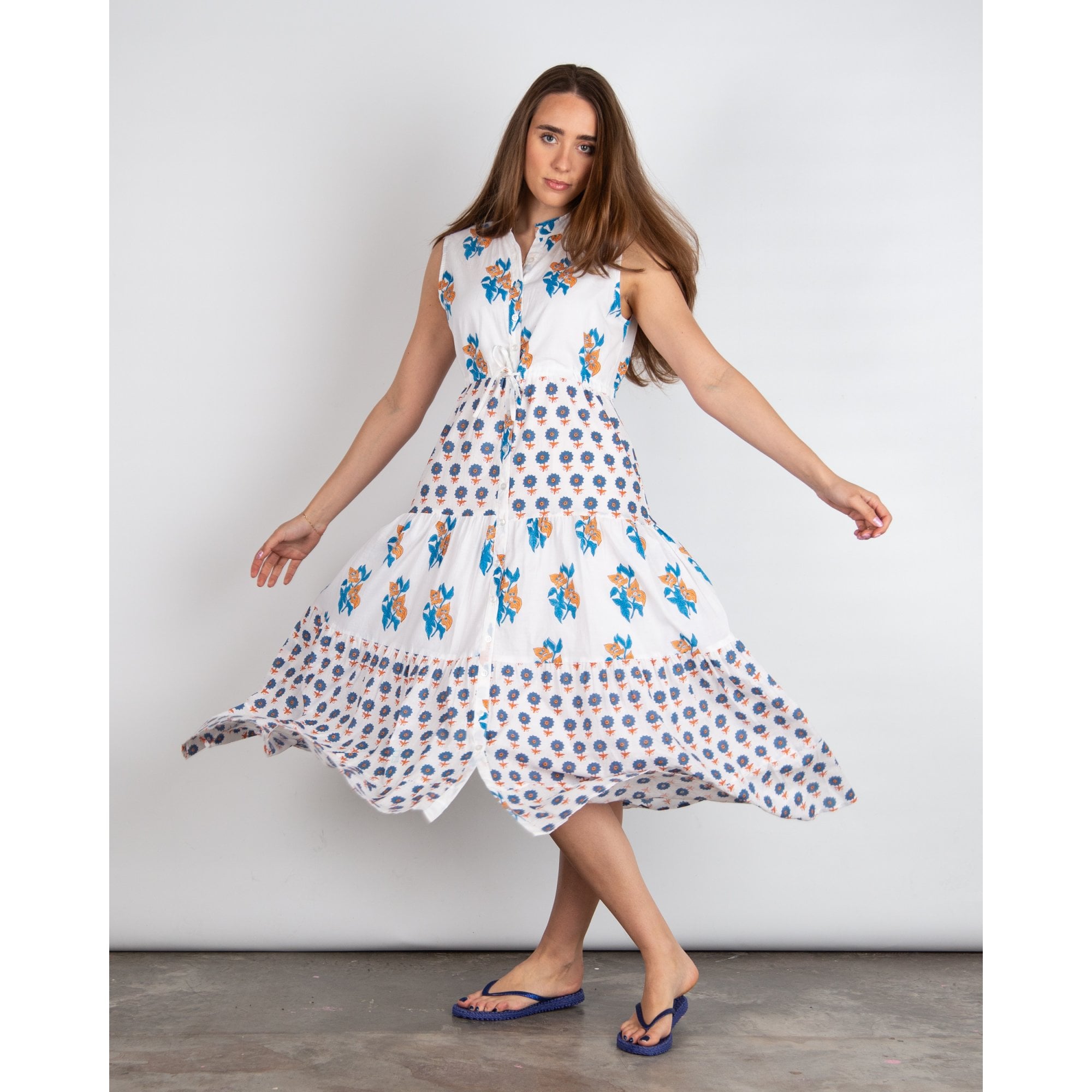 Victoria Dunn MagnolIa Flutter SL Floral Sleeveless Tie Waist Tiered Cotton Dress White/blue/orange