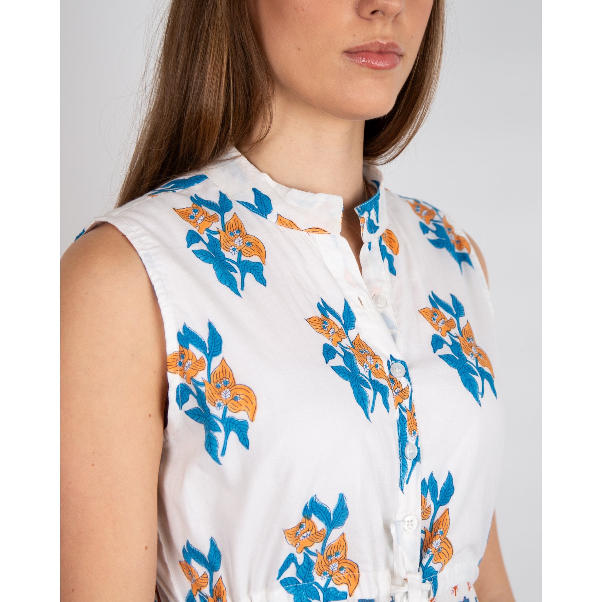 Victoria Dunn MagnolIa Flutter SL Floral Sleeveless Tie Waist Tiered Cotton Dress White/blue/orange
