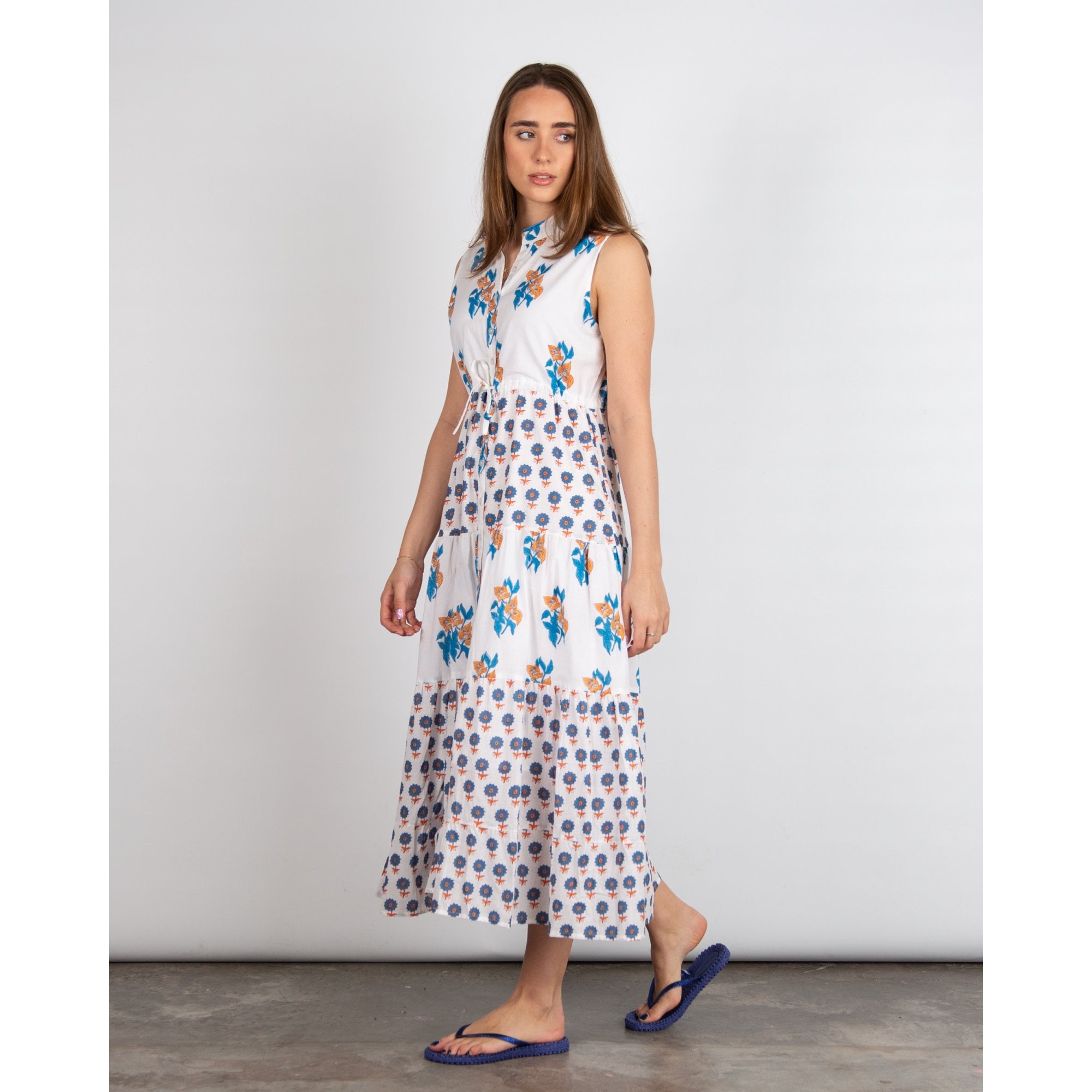 Victoria Dunn MagnolIa Flutter SL Floral Sleeveless Tie Waist Tiered Cotton Dress White/blue/orange