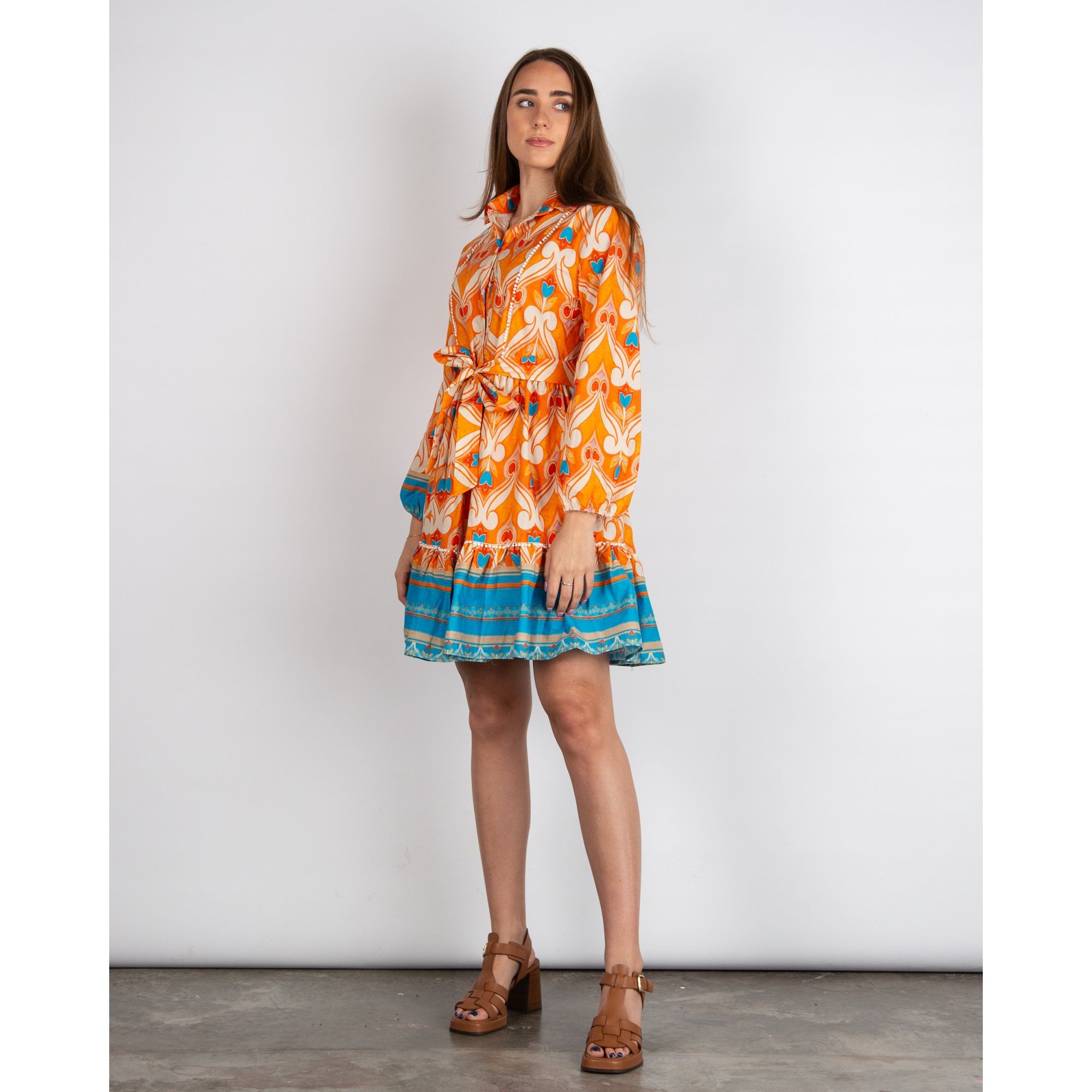 Kasia Patterned Belted Shirt Dress Orange/Blue