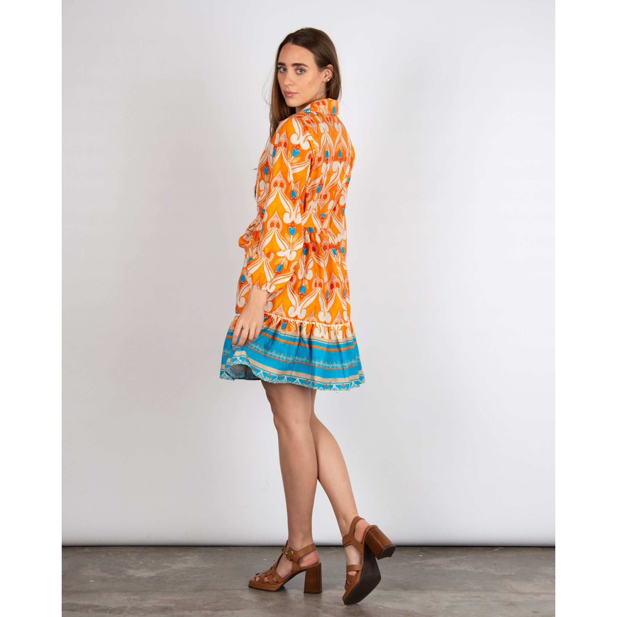 Kasia Patterned Belted Shirt Dress Orange/Blue