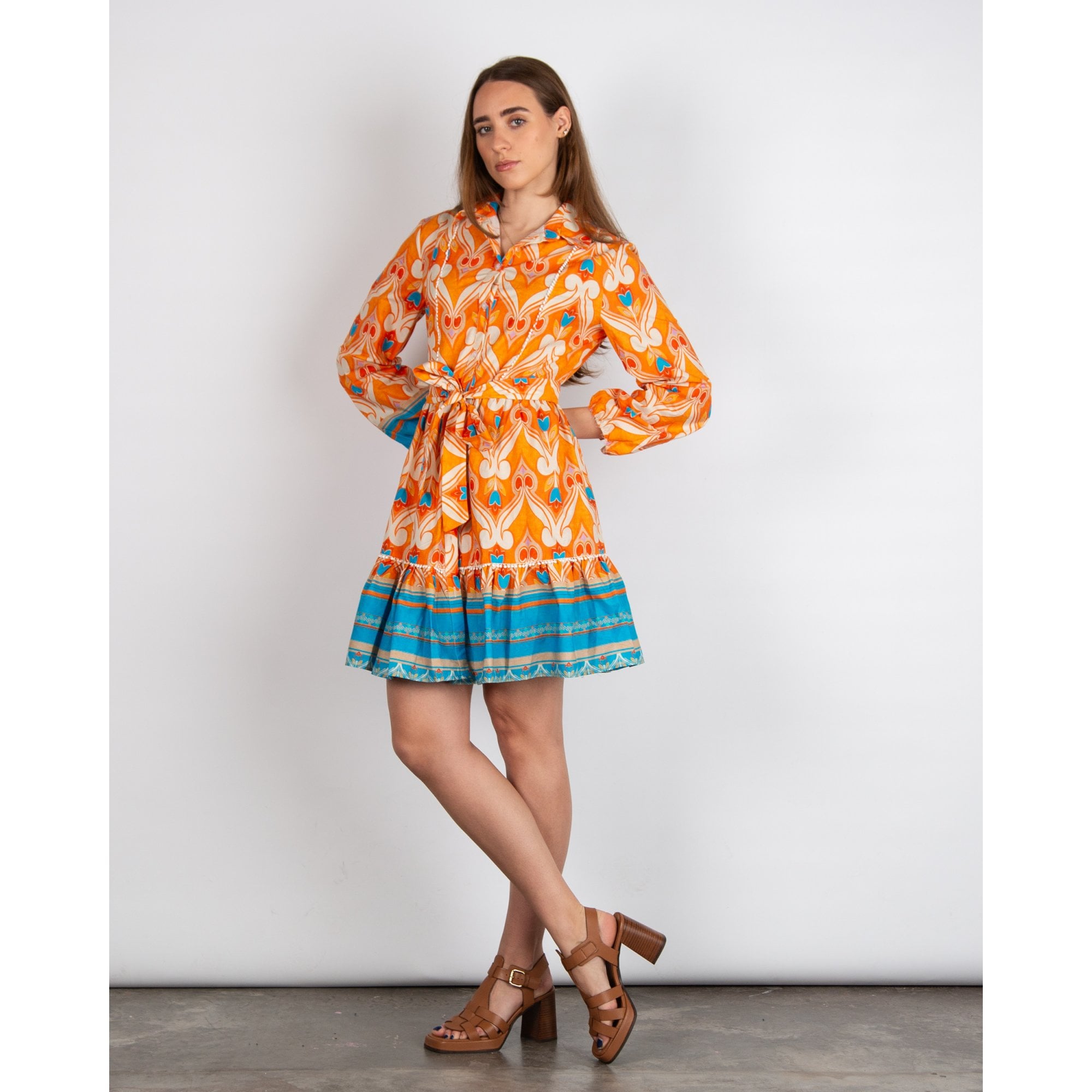 Kasia Patterned Belted Shirt Dress Orange/Blue
