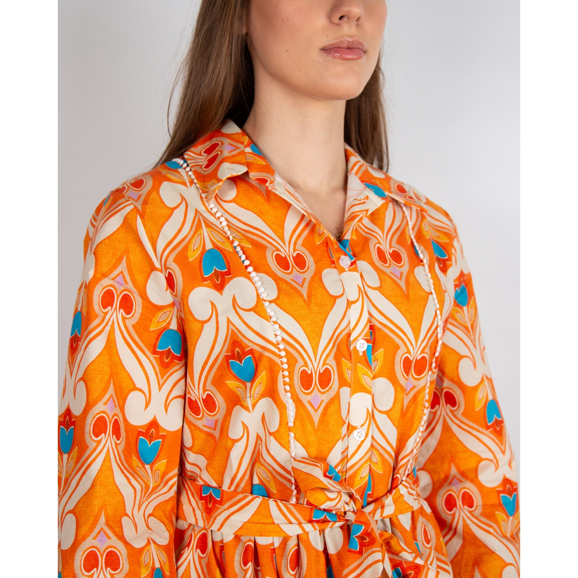 Kasia Patterned Belted Shirt Dress Orange/Blue
