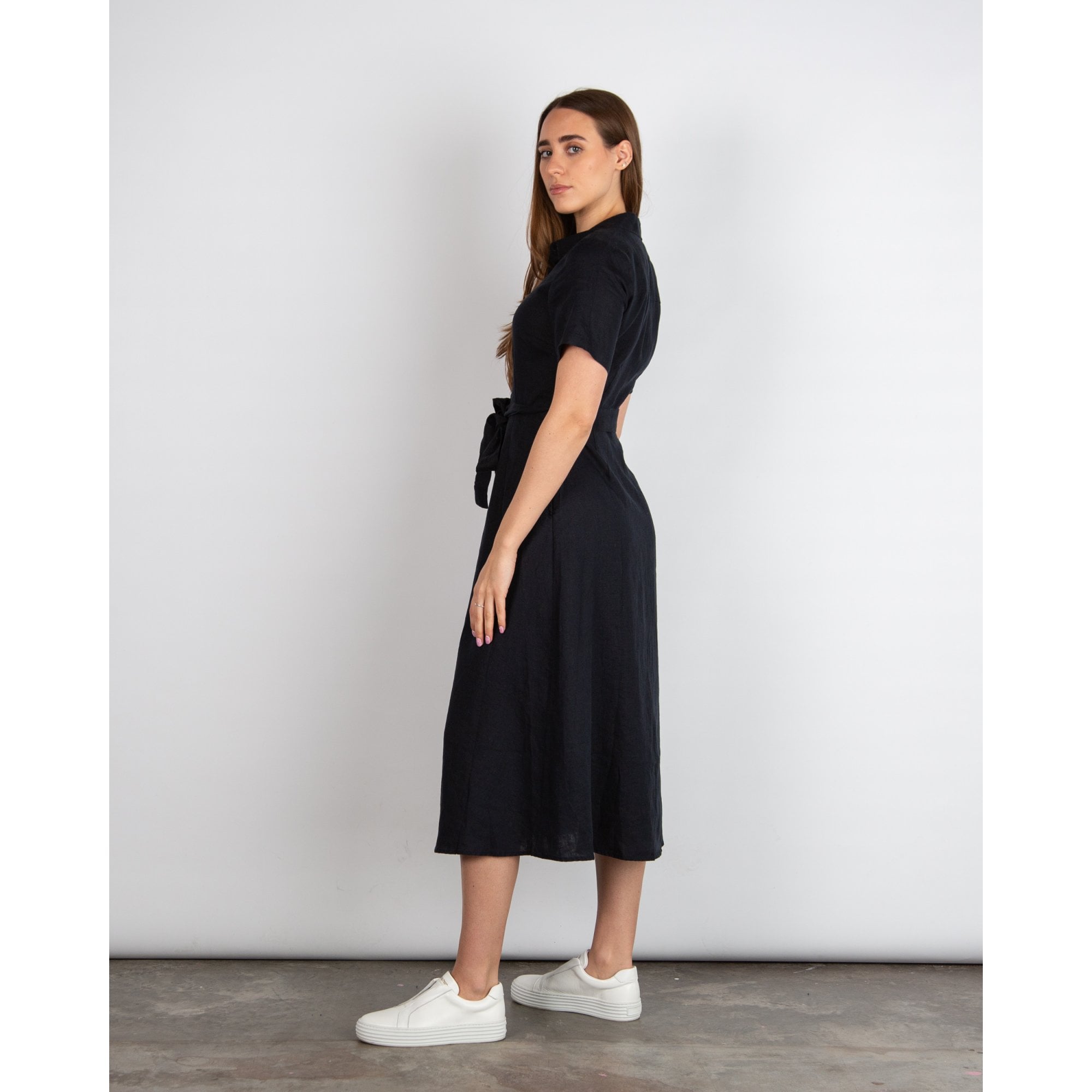 Part Two Eflin Linen Button Down Tie Waist Shirt Dress Navy