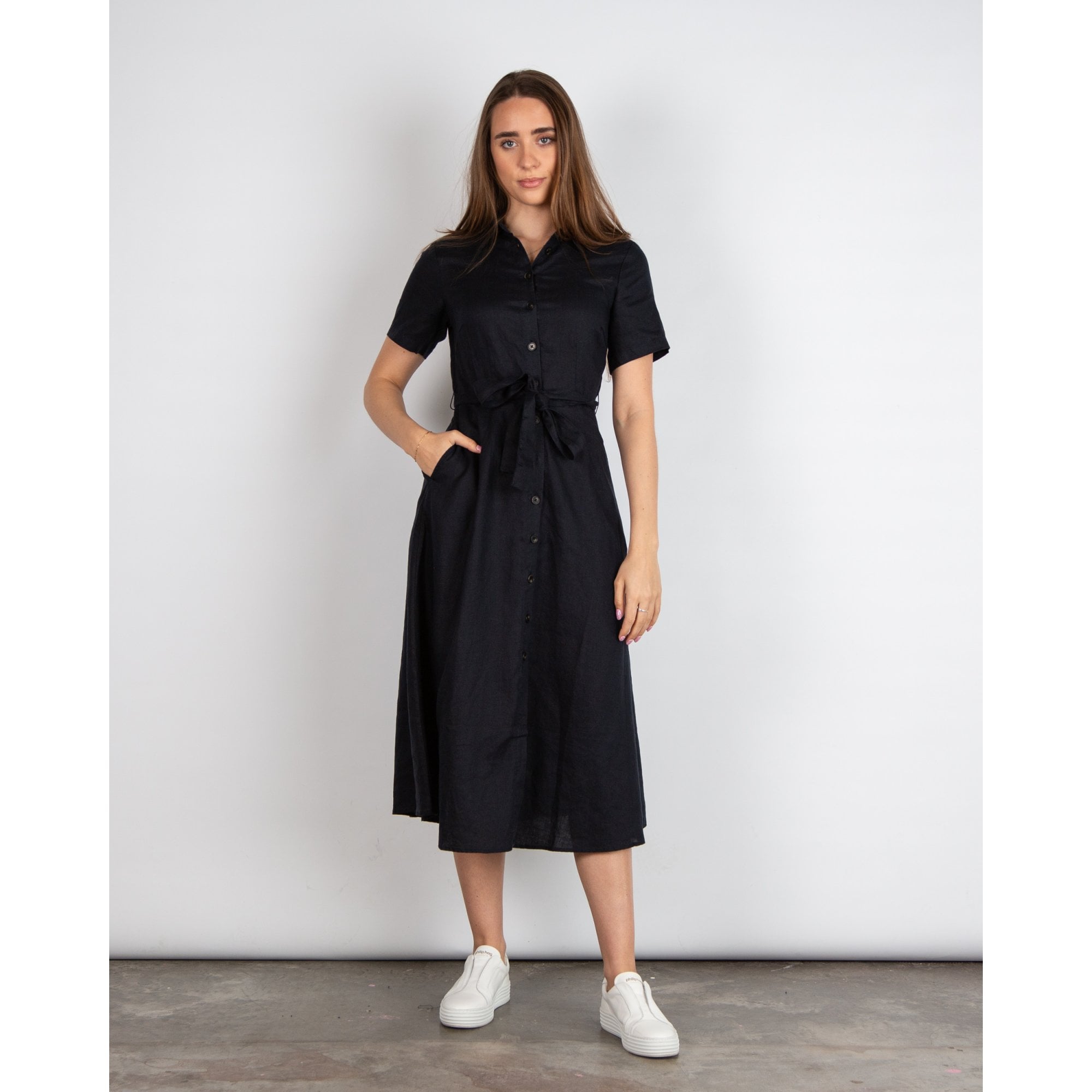 Part Two Eflin Linen Button Down Tie Waist Shirt Dress Navy
