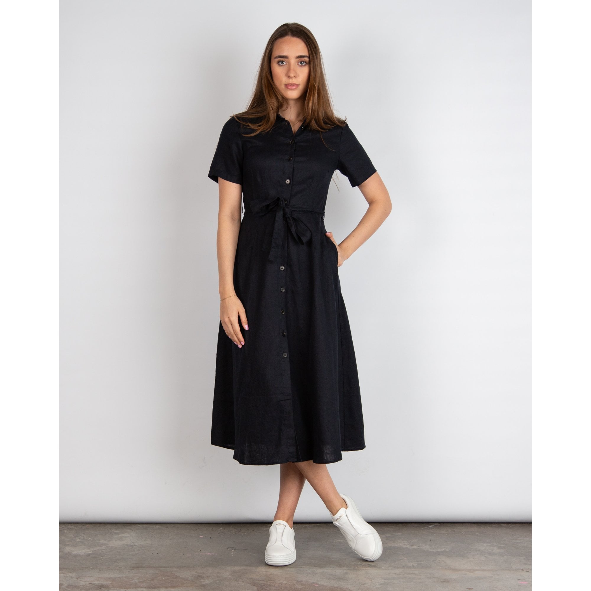 Part Two Eflin Linen Button Down Tie Waist Shirt Dress Navy