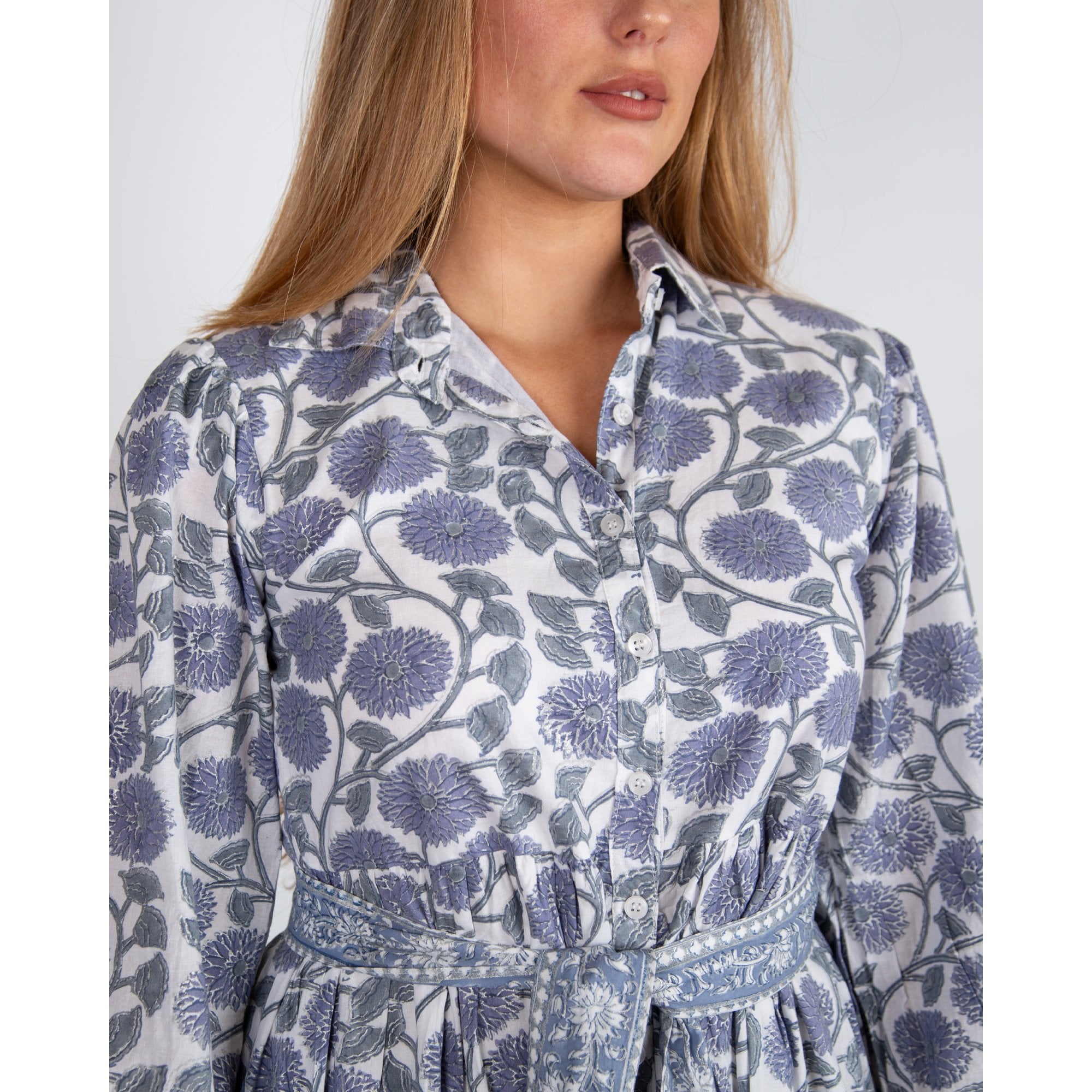 Victoria Dunn Meeting Street Thistle Print Belted Cotton Shirt Dress White/purple