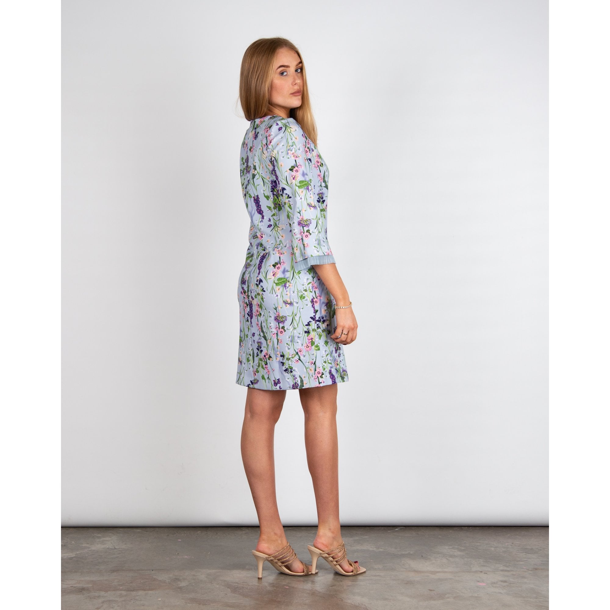 Marc Cain Floral Print Shift Dress With Pleat Cuffs Sky Blue/purple