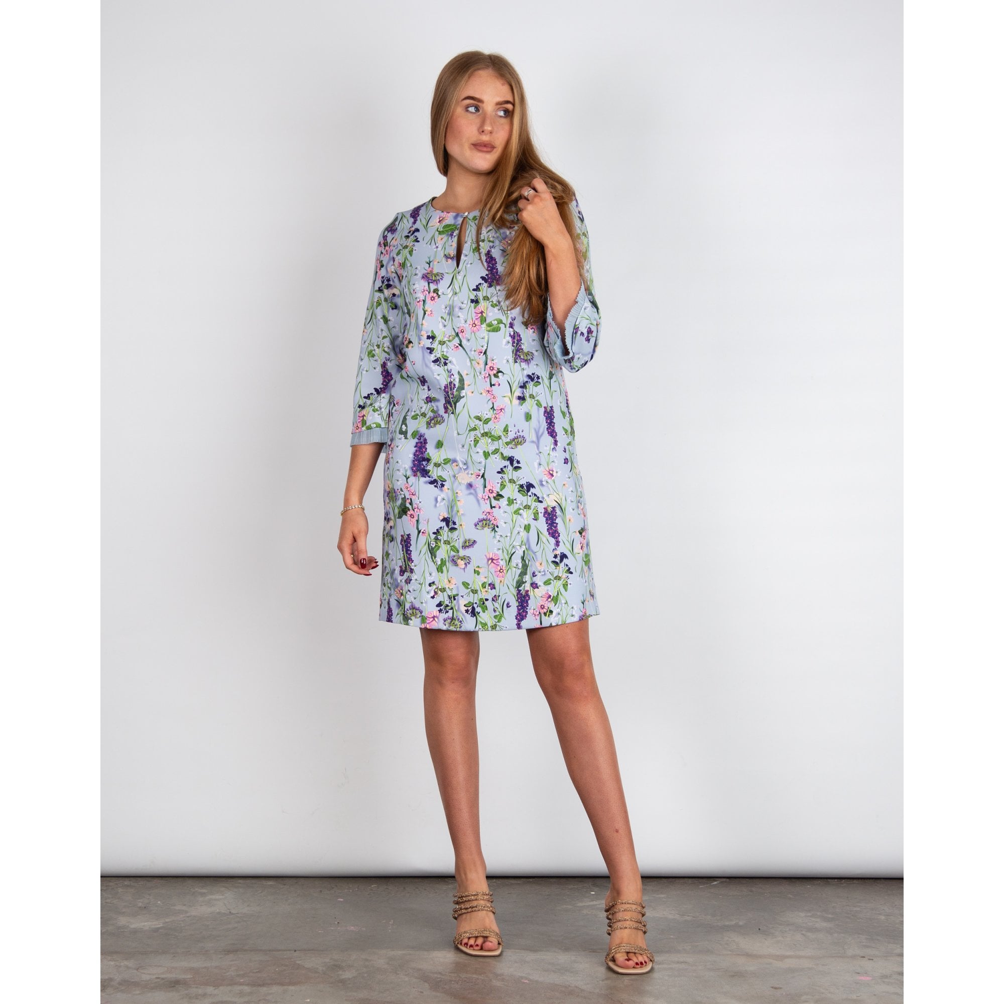 Marc Cain Floral Print Shift Dress With Pleat Cuffs Sky Blue/purple