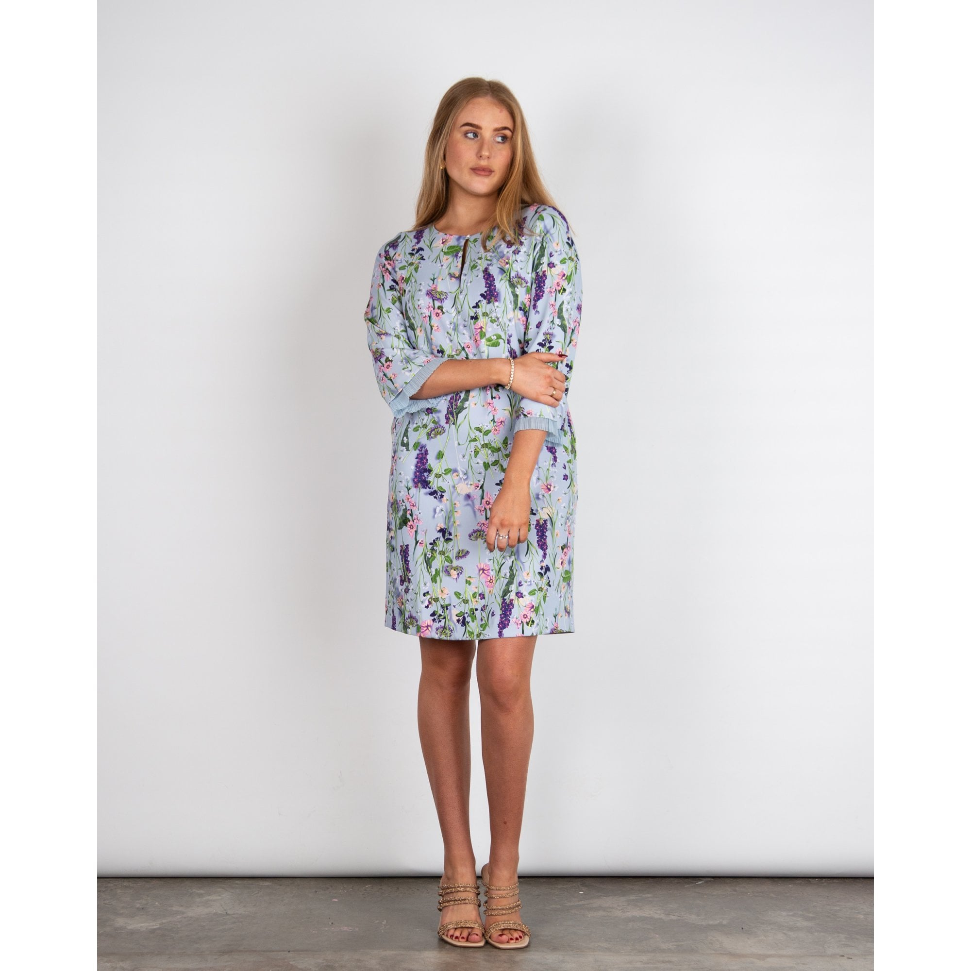 Marc Cain Floral Print Shift Dress With Pleat Cuffs Sky Blue/purple