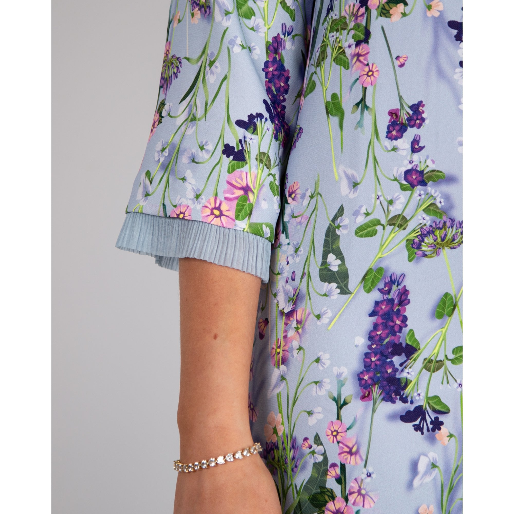 Marc Cain Floral Print Shift Dress With Pleat Cuffs Sky Blue/purple