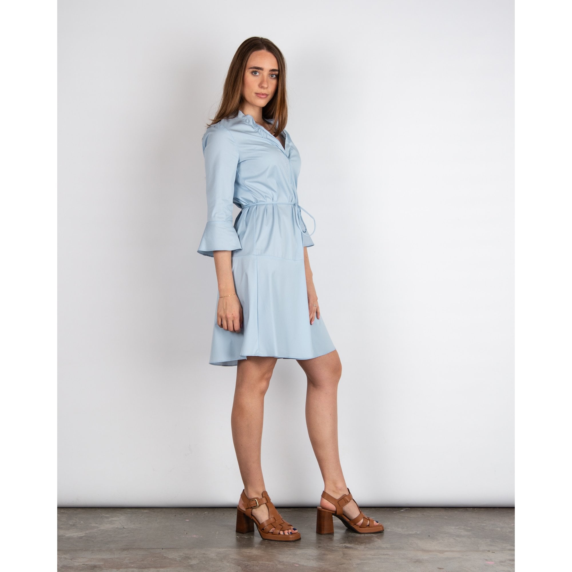 Marc Cain Frill V Neck Flute Sleeve Tie Belt Cotton Dress Sky Blue