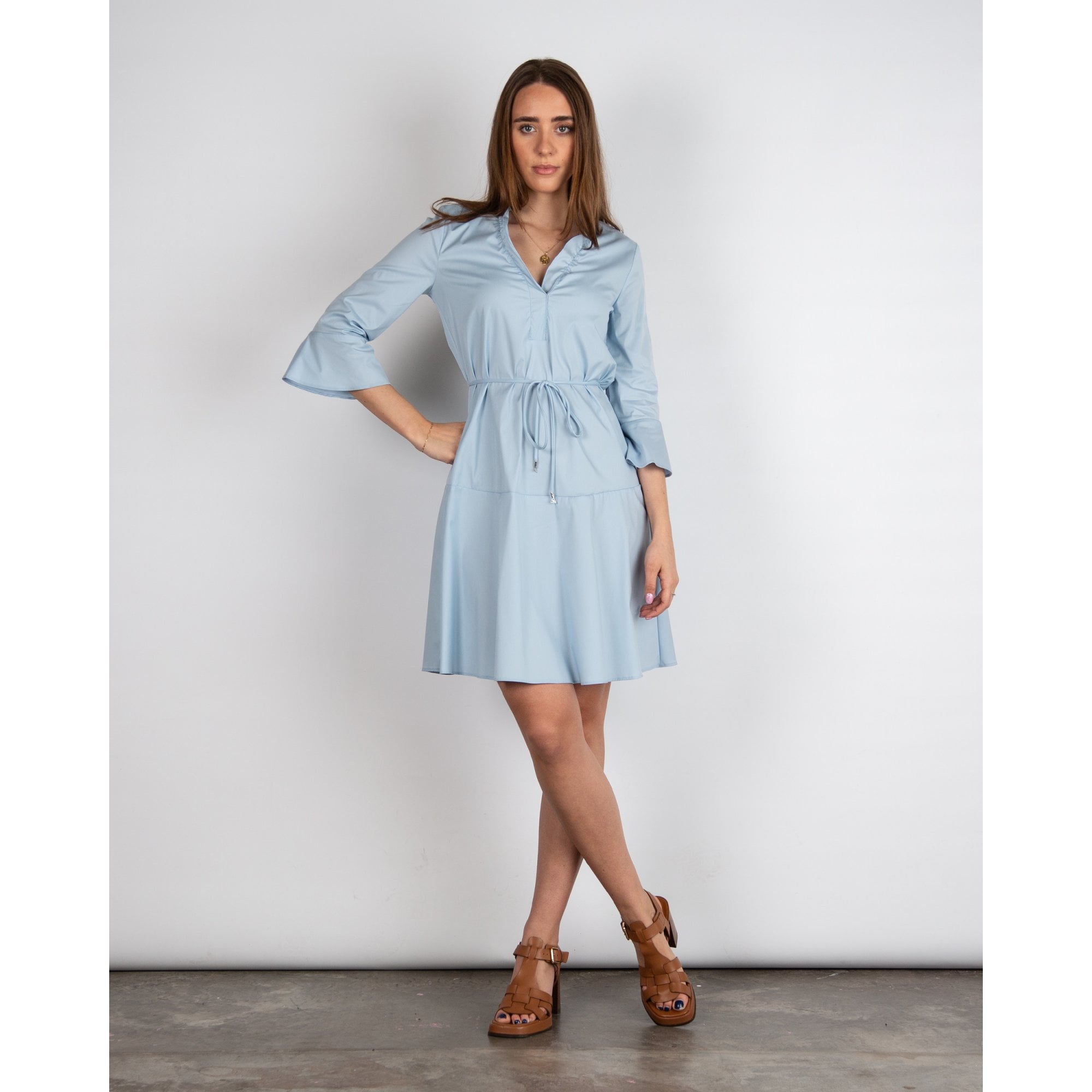 Marc Cain Frill V Neck Flute Sleeve Tie Belt Cotton Dress Sky Blue