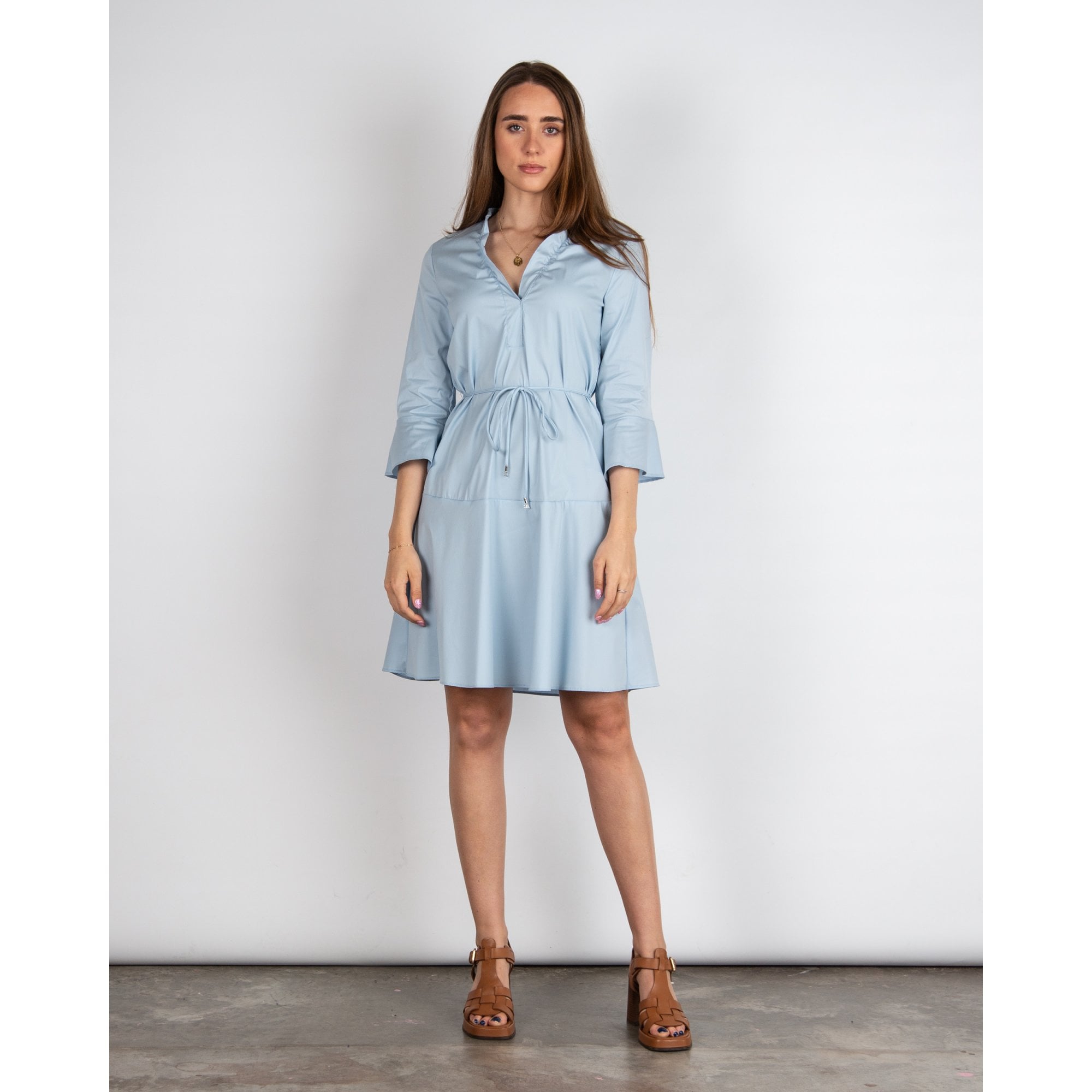 Marc Cain Frill V Neck Flute Sleeve Tie Belt Cotton Dress Sky Blue