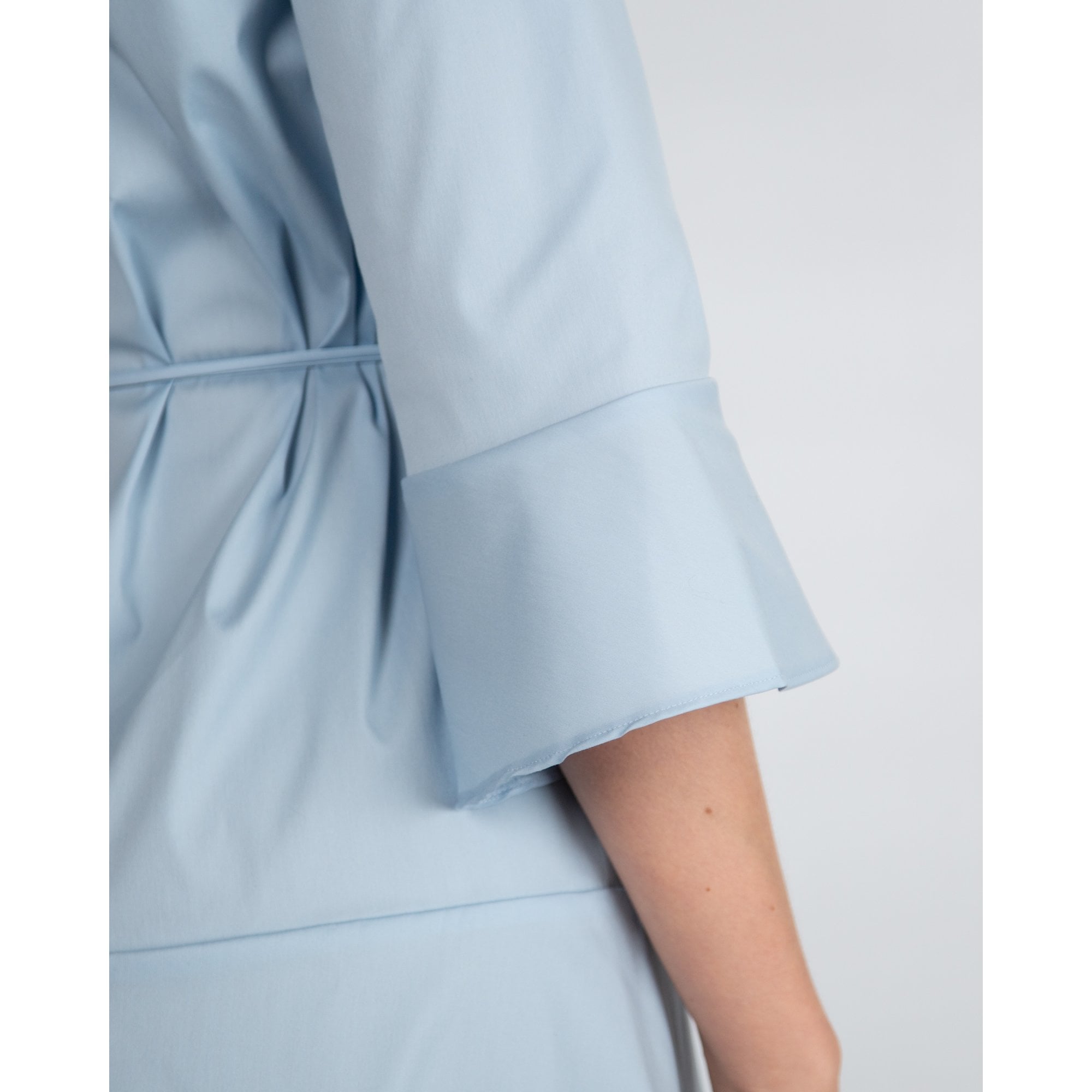 Marc Cain Frill V Neck Flute Sleeve Tie Belt Cotton Dress Sky Blue