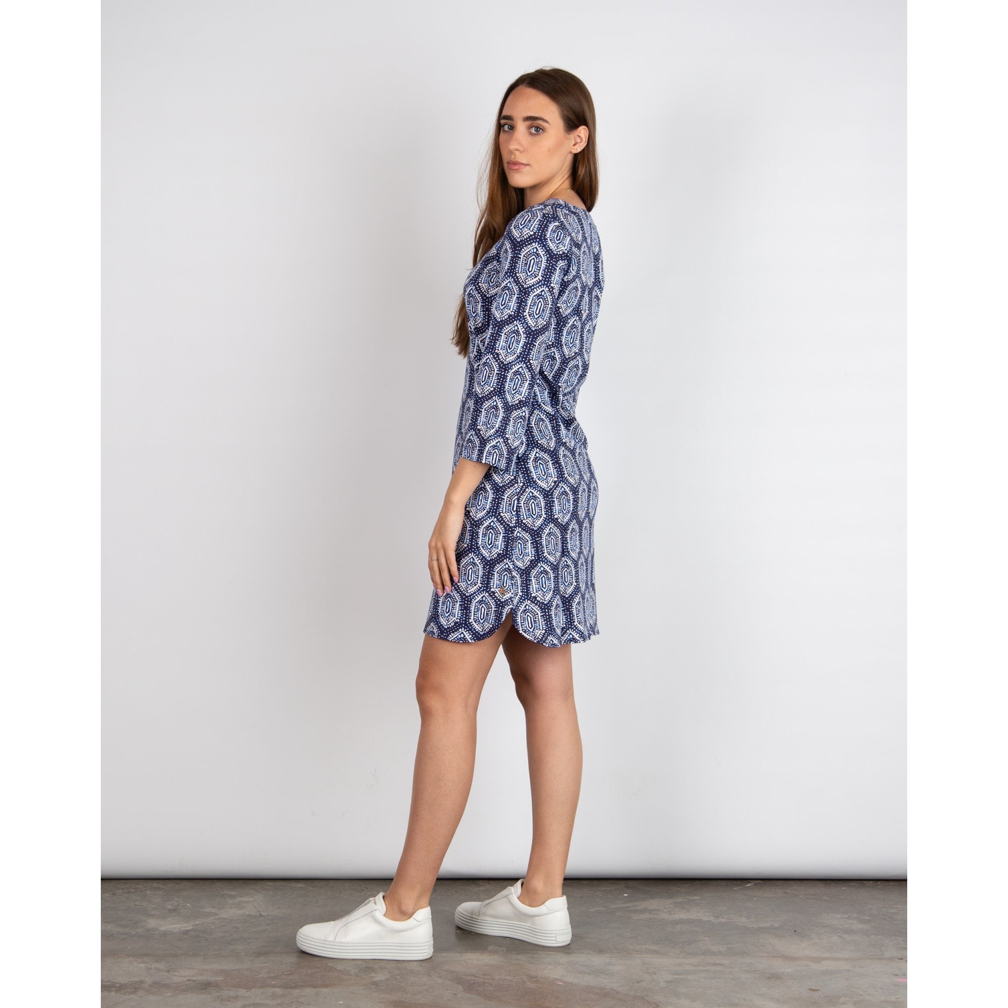 Hatley Ashley V Neck Jersey Geo Batik Print Dress Blue Multi