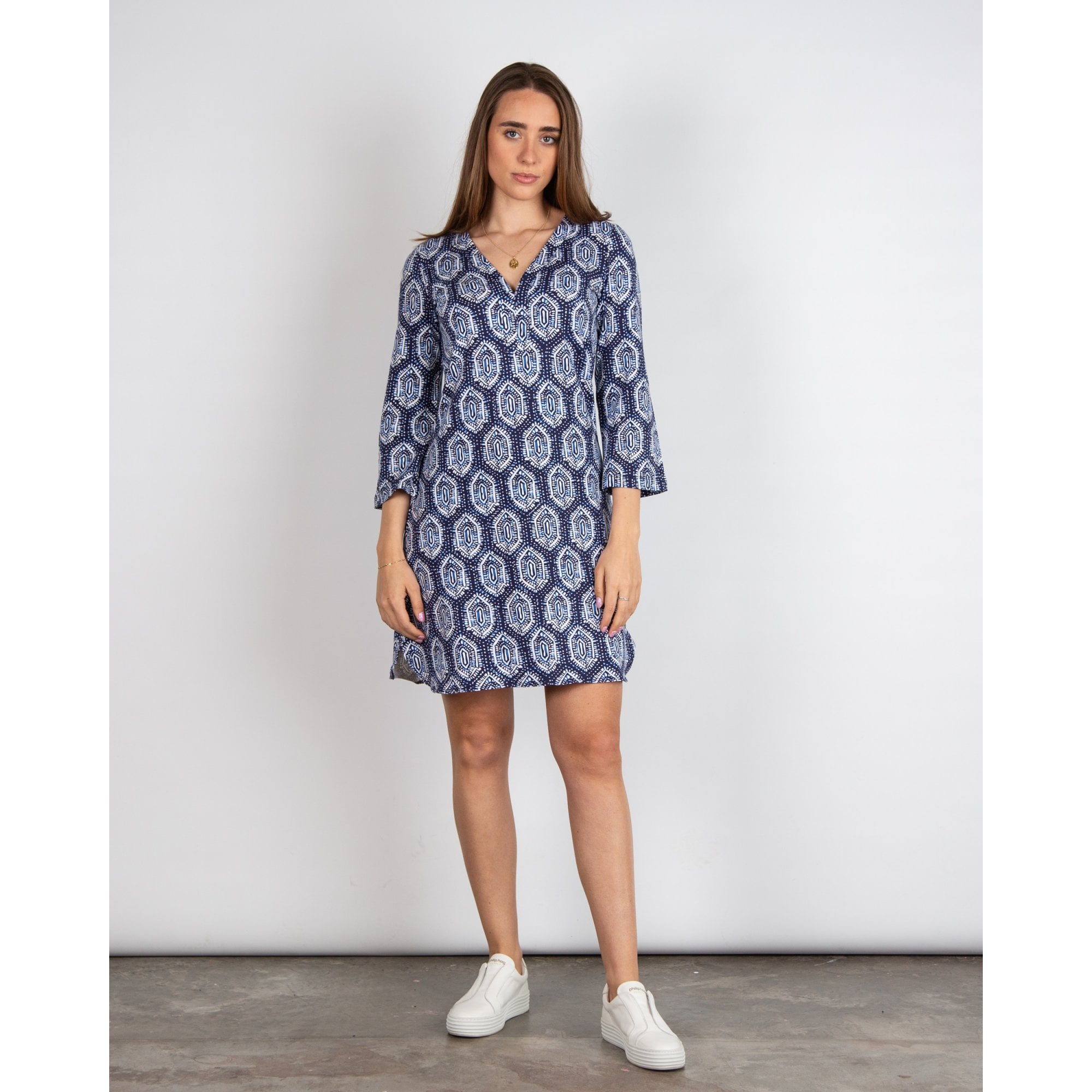 Hatley Ashley V Neck Jersey Geo Batik Print Dress Blue Multi